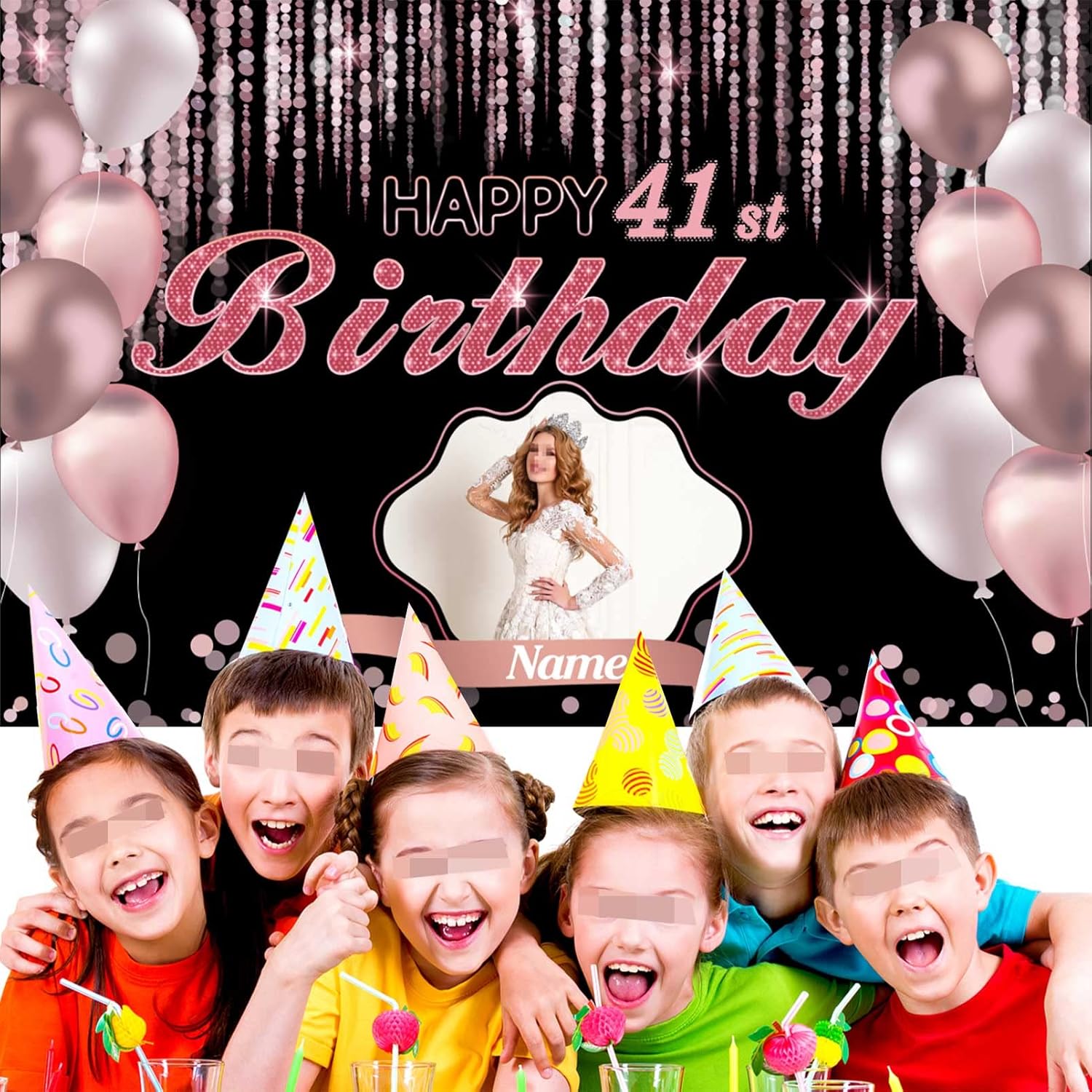 Cartel de decoración de feliz cumpleaños número 41 de oro rosa, tamaño grande, personalización con nombre y foto compatible