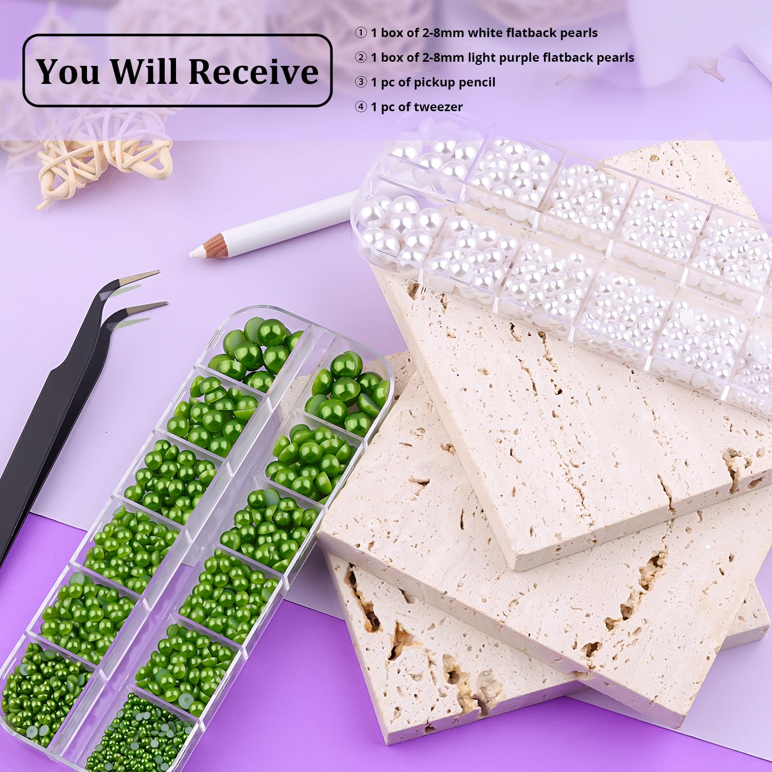 Kit de 2 cajas de perlas con parte trasera plana, 11 perlas semicirculares blancas y verdes con lápiz de recogida y pinzas para bricolaje en el