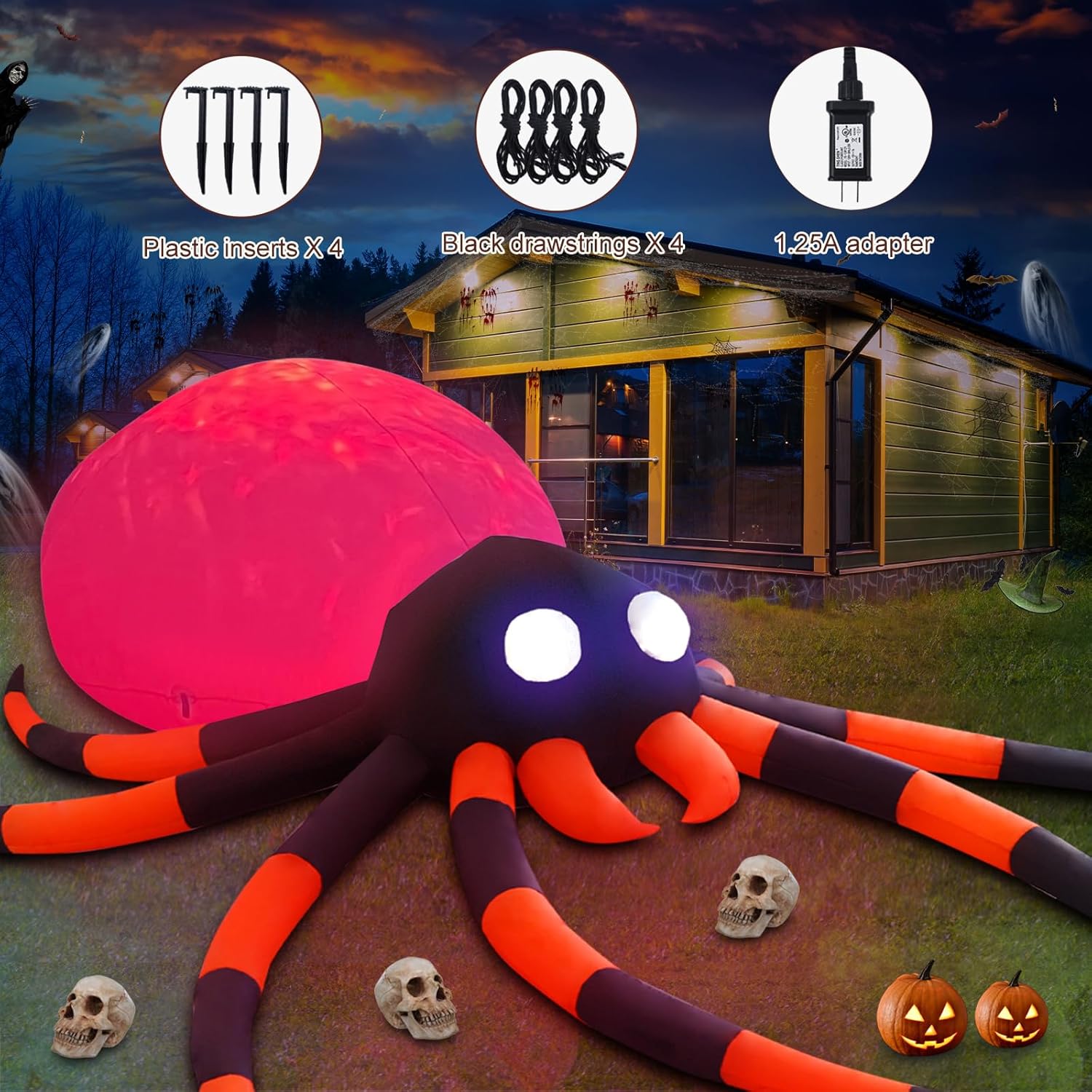 Araña de llama naranja de 12 pies, decoración inflable para exteriores, decoración al aire libre con luces LED, decoración inflable de vacaciones