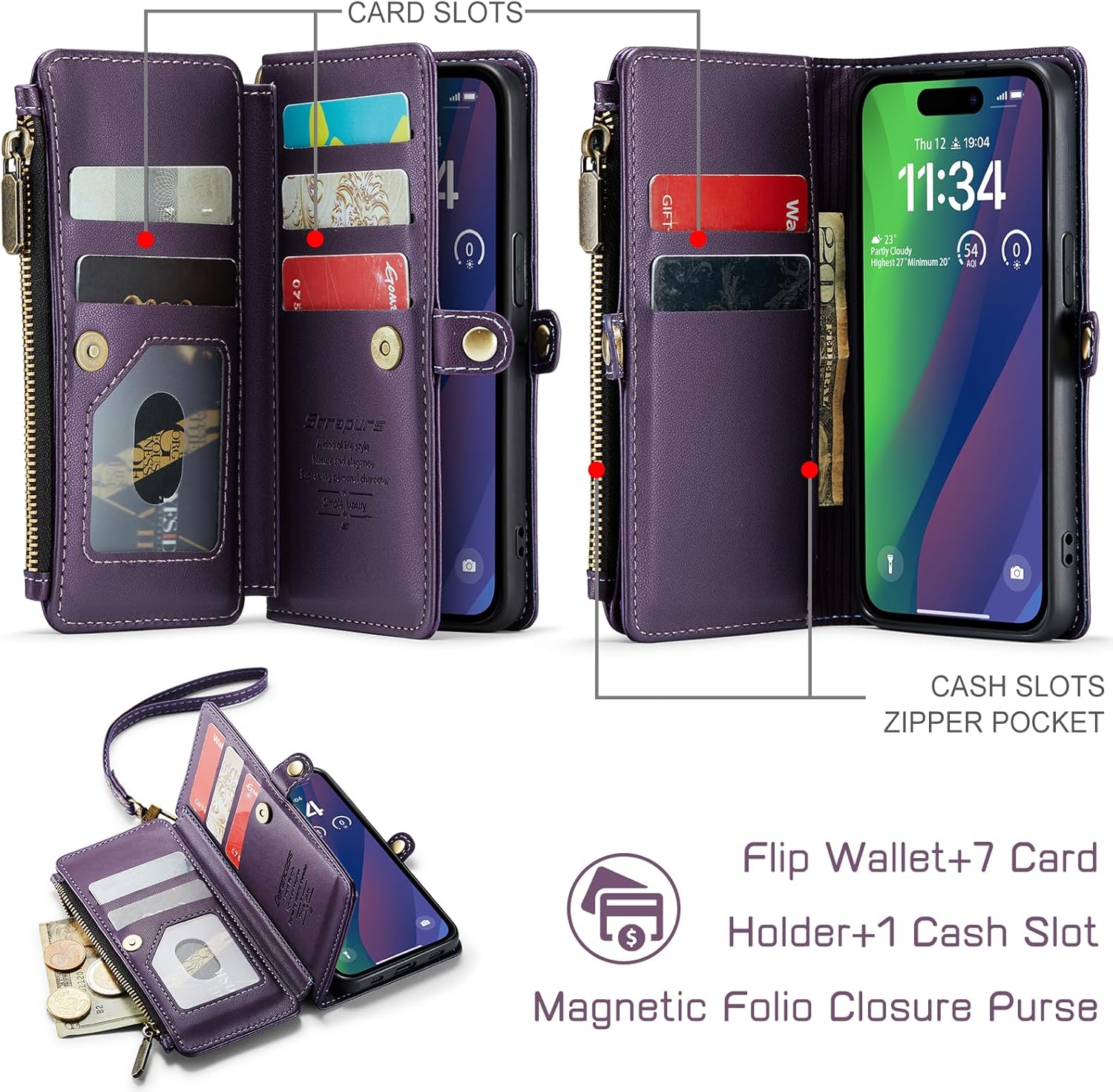 Defencase Funda para iPhone 15, bloqueo RFID, funda protectora de piel sintética para iPhone 15, para mujeres y hombres, con ranura para tarjetas de
