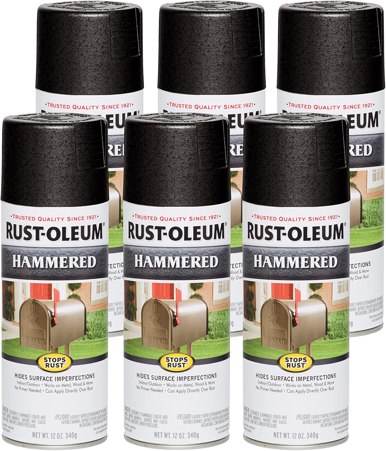 Rust-Oleum 7215830  Pintura en aerosol con efecto martillado, color negro, 12 oz (340 g), paquete de 6