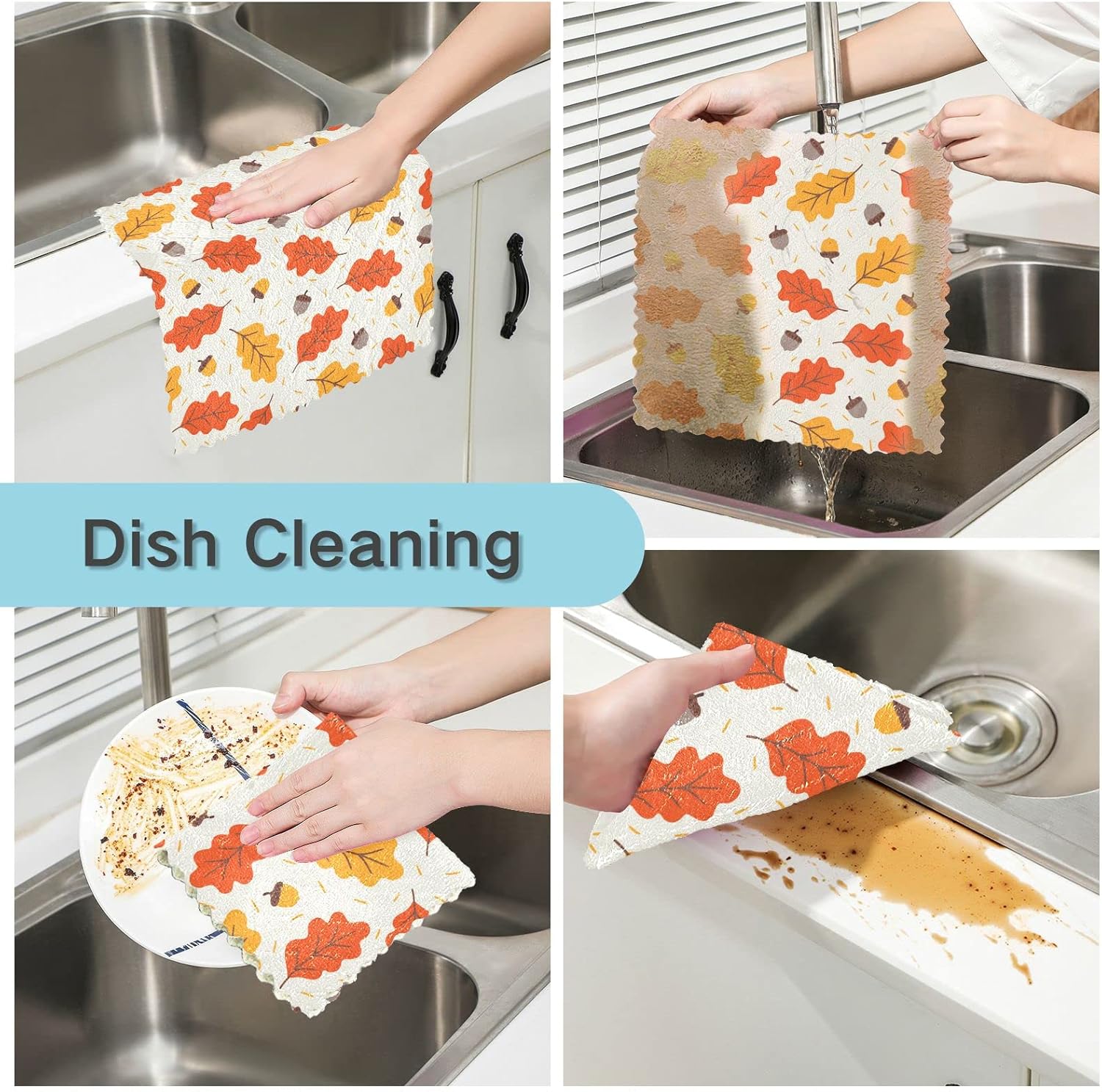 SUABO Paños de cocina de hojas de roble otoñal, paquete de 6 paños de cocina de secado rápido, toallas de limpieza absorbentes para cocina y baño