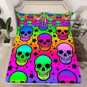 Erosebridal Sábana bajera ajustable de calavera colorida tamaño Queen, diseño de galaxia, diseño de estrellas psicodélicas, juego de cama con diseño Erosebridal Sábana bajera ajustable de calavera colorida tamaño Queen, diseño de galaxia, diseño de estrellas psicodélicas, juego de cama con diseño