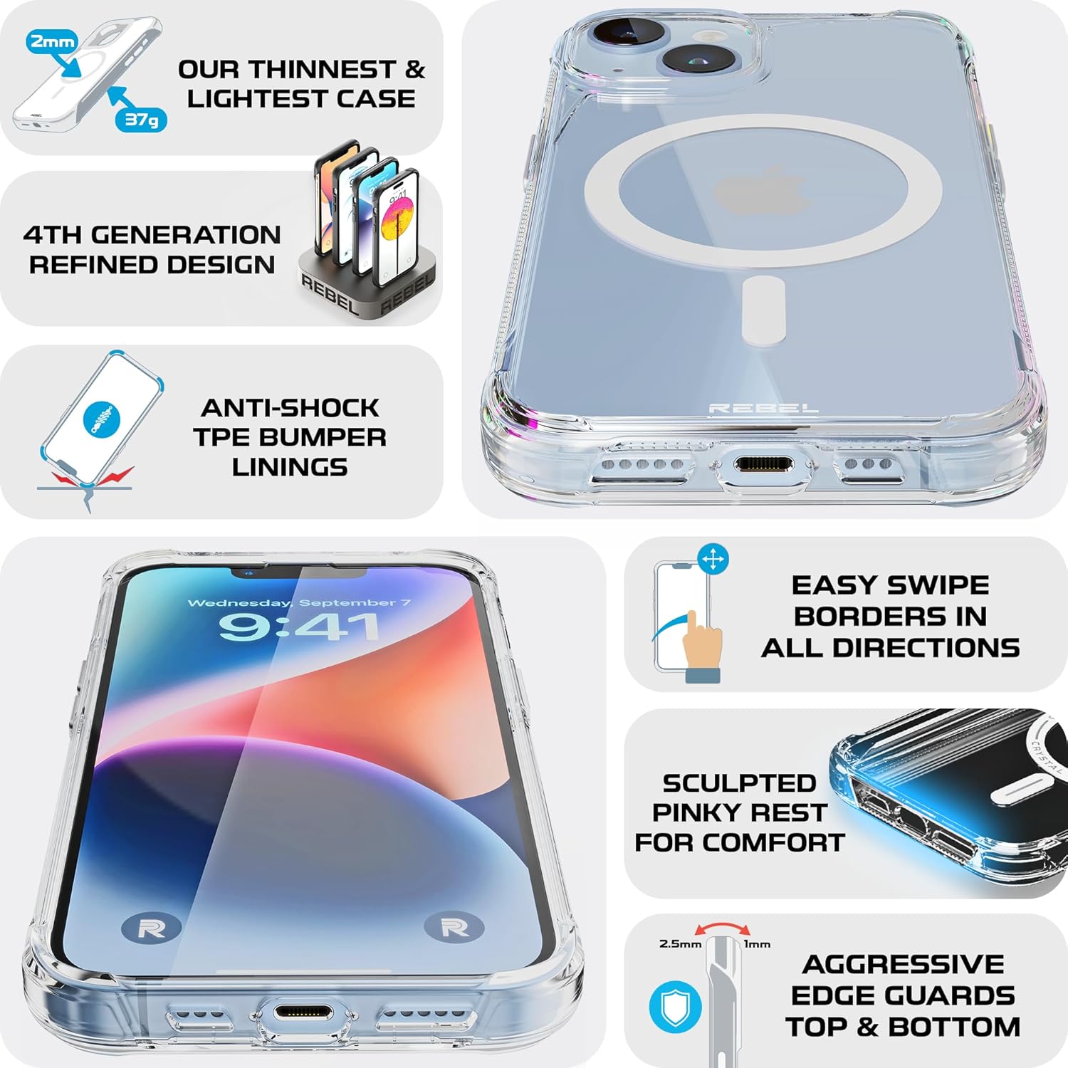 REBEL Funda transparente para iPhone 14 Crystal Series Gen-4 Fuerte compatible con MagSafe, antiarañazos, no amarillea, protección a prueba de