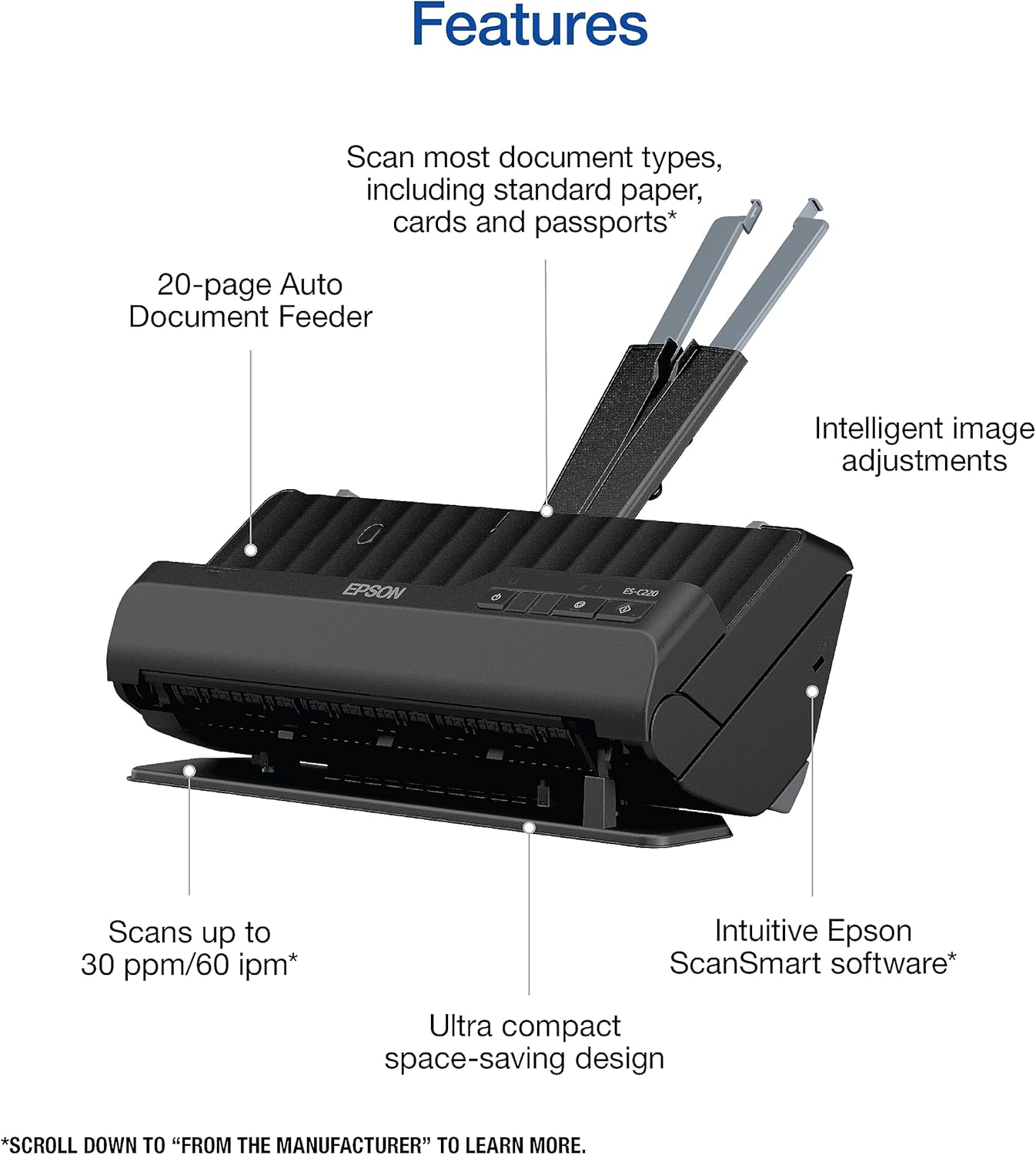 Epson Workforce ES-C220 – Escáner compacto de documentos de escritorio con escaneo de 2 caras y alimentador automático de documentos (ADF) para PC y