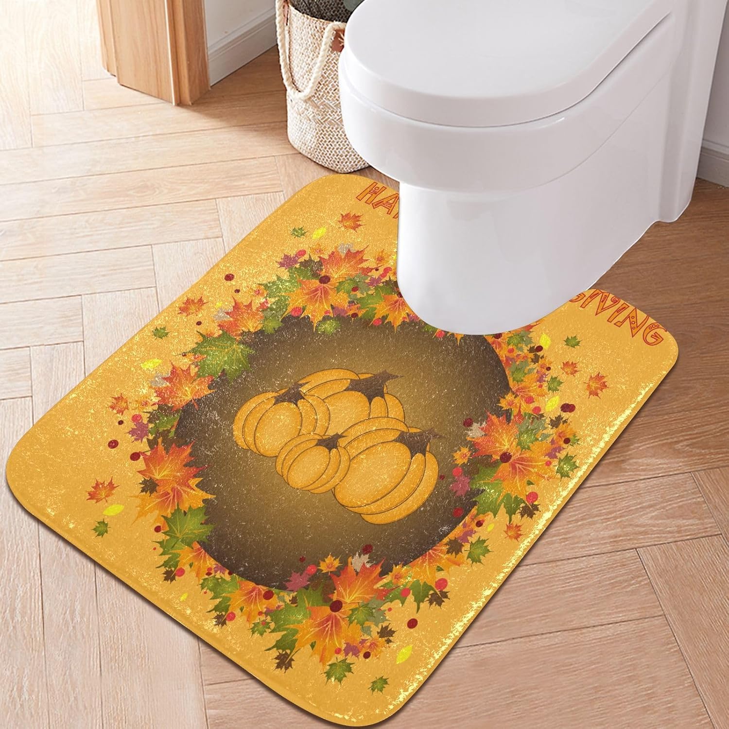 Bathroom Rugs Sets 2 Piece 24×16+24×20 Inch,Soft U-Shaped Contour Toilet Rug Happy Thanksgiving Non-Slip Absorbent Bath Floor Mat Carpet Set Water