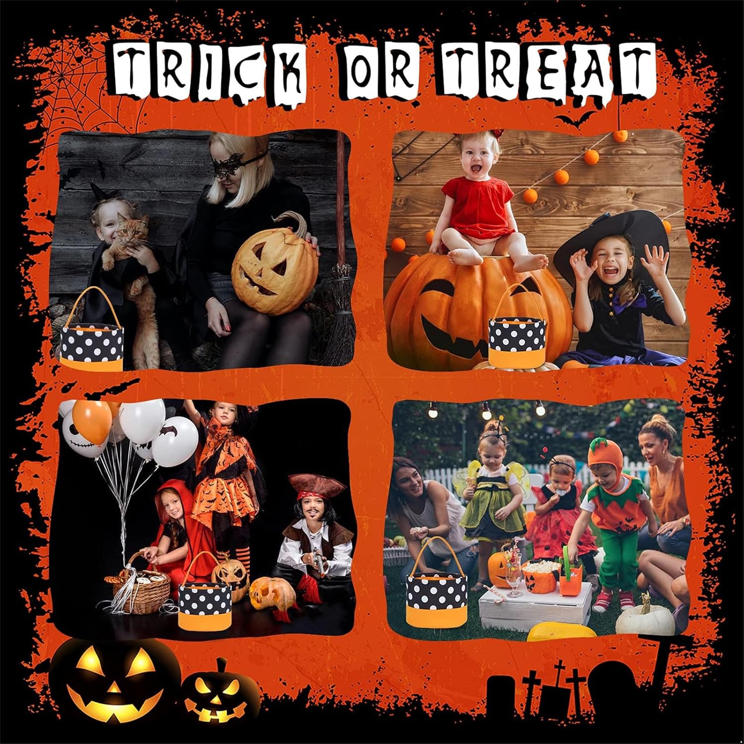 Bolsas de Halloween para dulce o truco, cesta de dulces de Halloween, cesta negra y blanca, cubos de Halloween, bolsas de regalo, bolsas