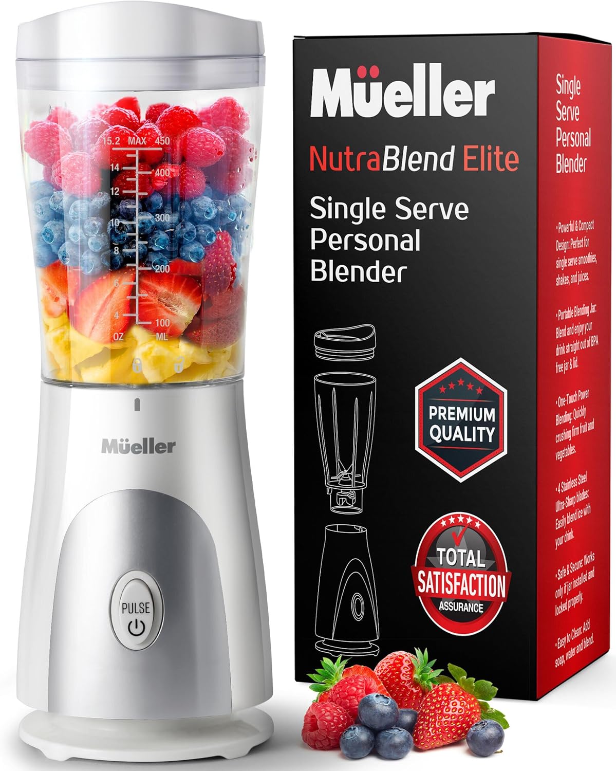 Mueller – Licuadora personal para batidos y batidos con taza y tapa de viaje de 15 onzas, jugos, alimentos para bebés, licuadora portátil de alta