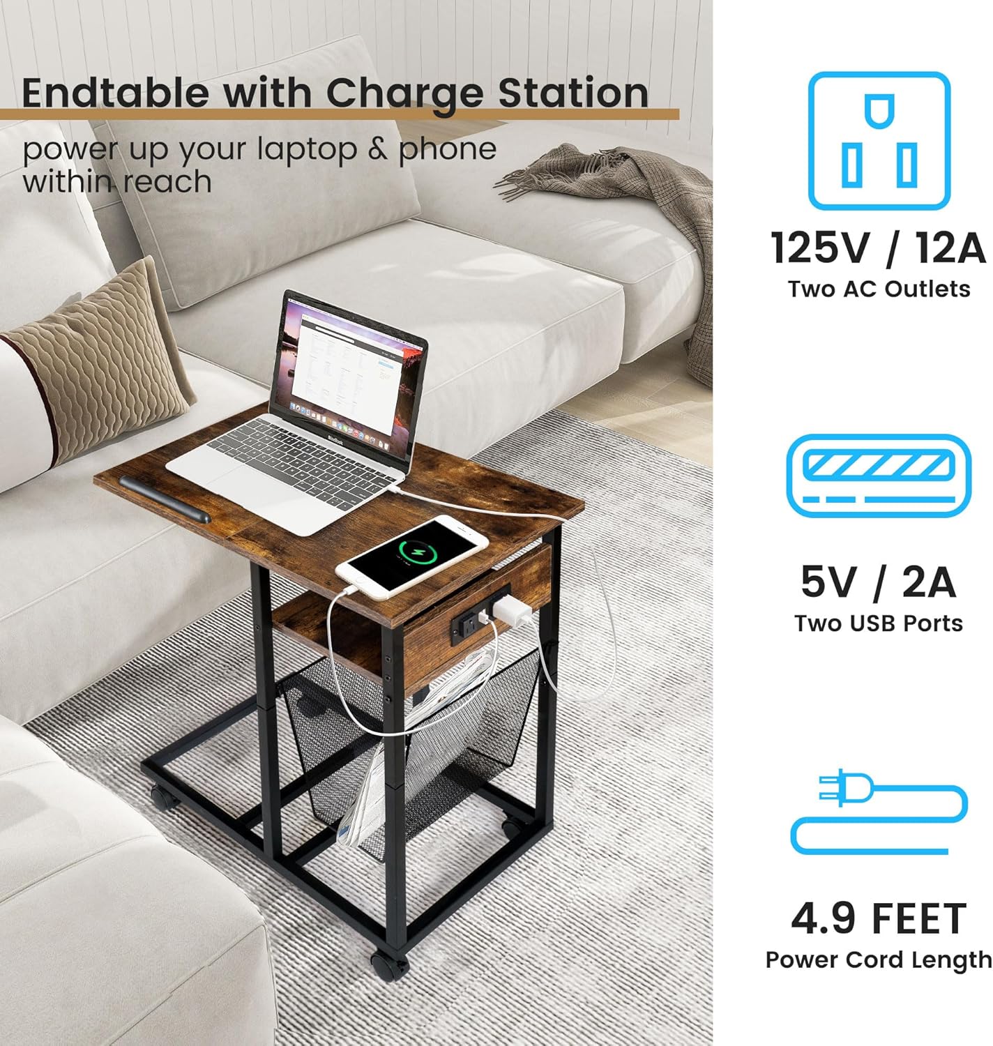 End Table C Shape with Charge Station, Tilting Top Side Table with Magazine Holder and Lockable Wheels, Easy Assembly for Living Room, Bedroom,