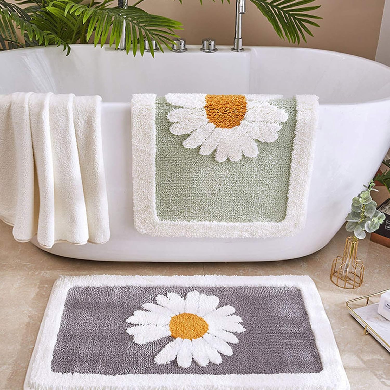Alfombra cómoda de felpa de lujo para baño, hermoso diseño de margaritas, decoración perfecta, alfombra de felpa pequeña antideslizante, lavable a