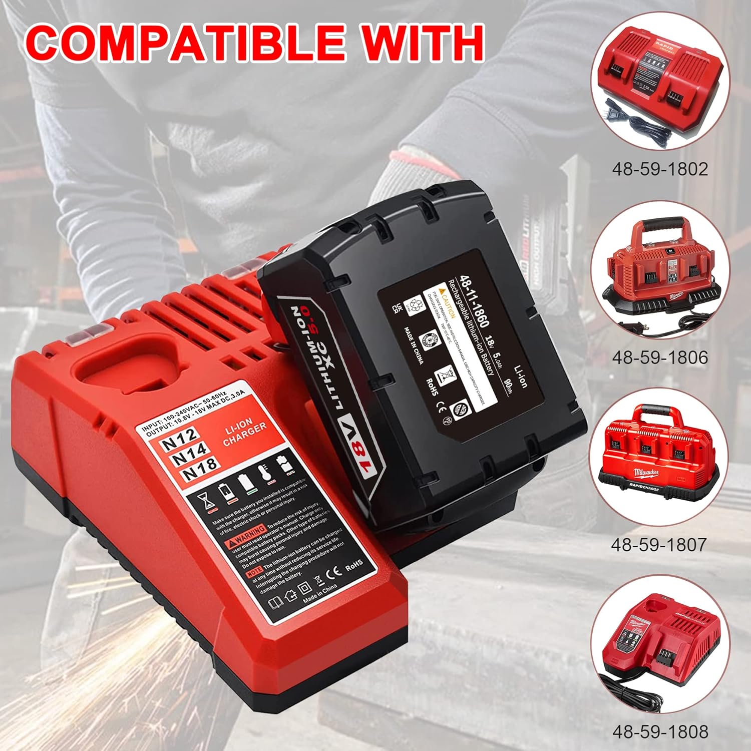 S SKSTYLE Batería de 5.0Ah para Milwaukee M18 48-11-1850 Paquete de 2 baterías de iones de litio de 18 V 48-11-1852