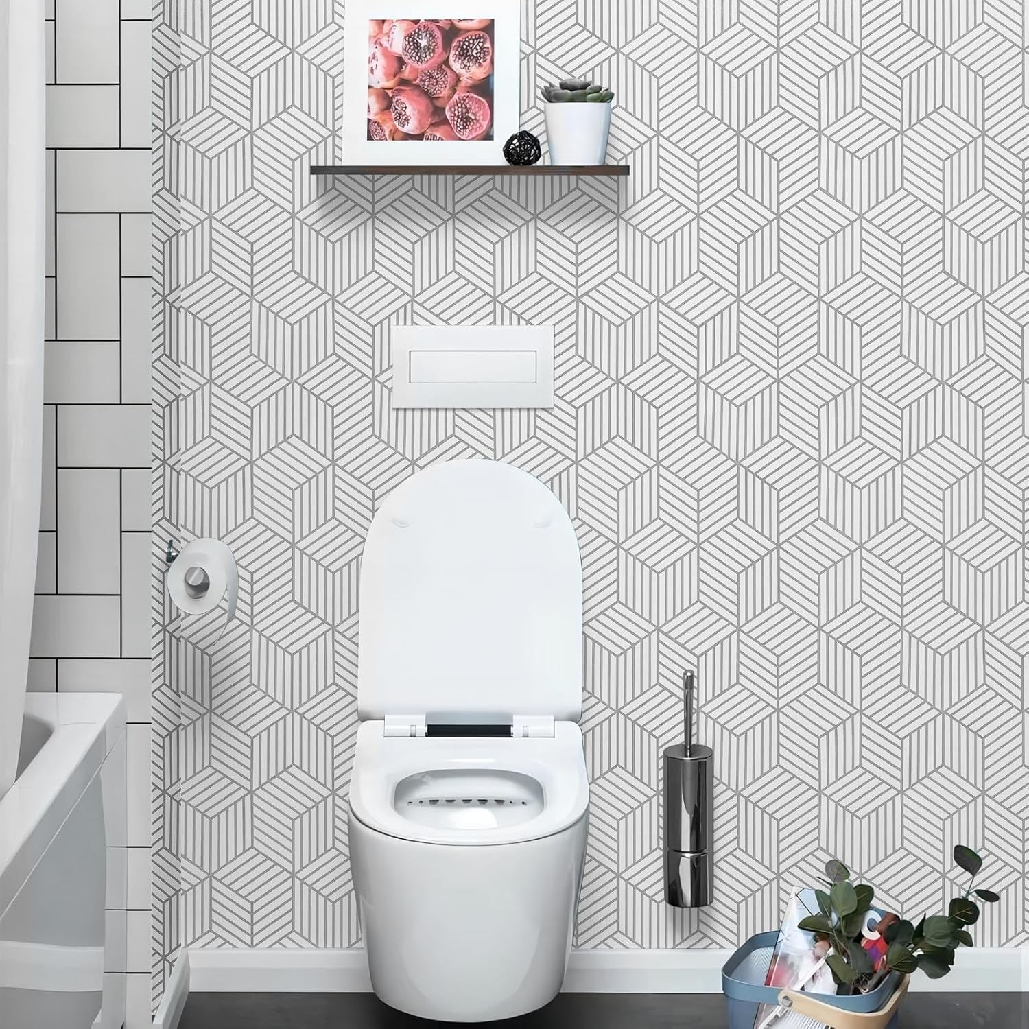 WENMER Papel tapiz hexagonal geométrico, papel de contacto de 17.71 x 78.7 pulgadas, papel tapiz hexagonal geométrico plateado para despegar y