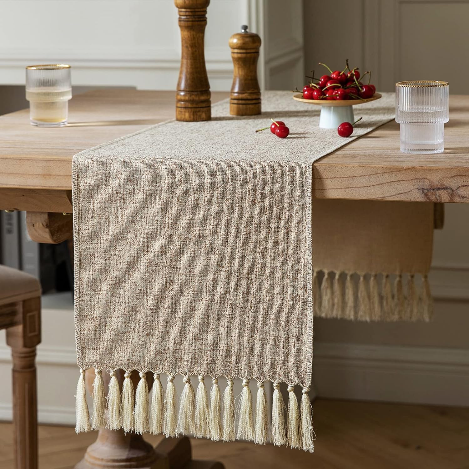 ZeeMart Camino de mesa beige de 90 pulgadas de largo, camino de mesa rústico de lino de arpillera, camino de mesa largo bohemio, 13 x 90 pulgadas,