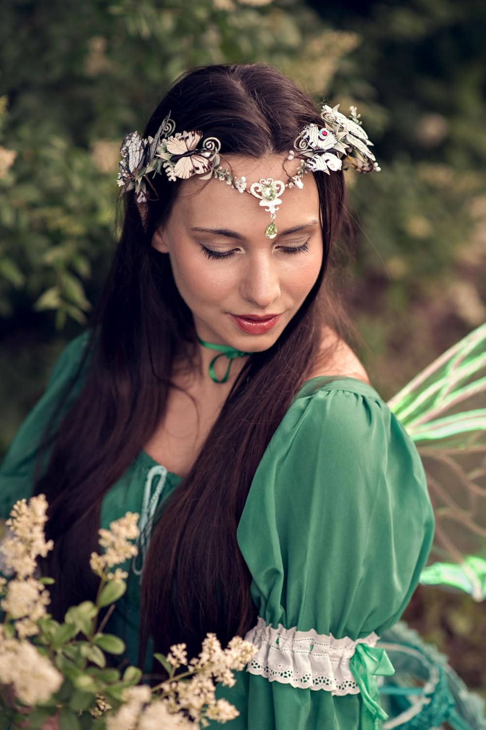 MOSTORY Handmade Woodland Elf Headpiece – Butterfly Fairy Crown Elven Flower Circlet Woodland Wreath Cosplay Accessory for Women Girls Princess