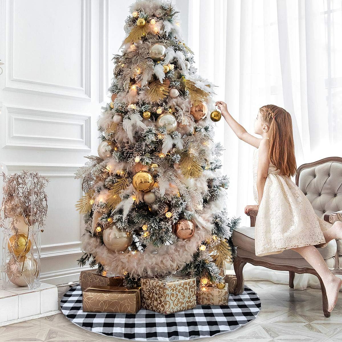 Falda de árbol de Navidad de 36 pulgadas, falda de árbol pequeño a cuadros blancos y negros para Navidad