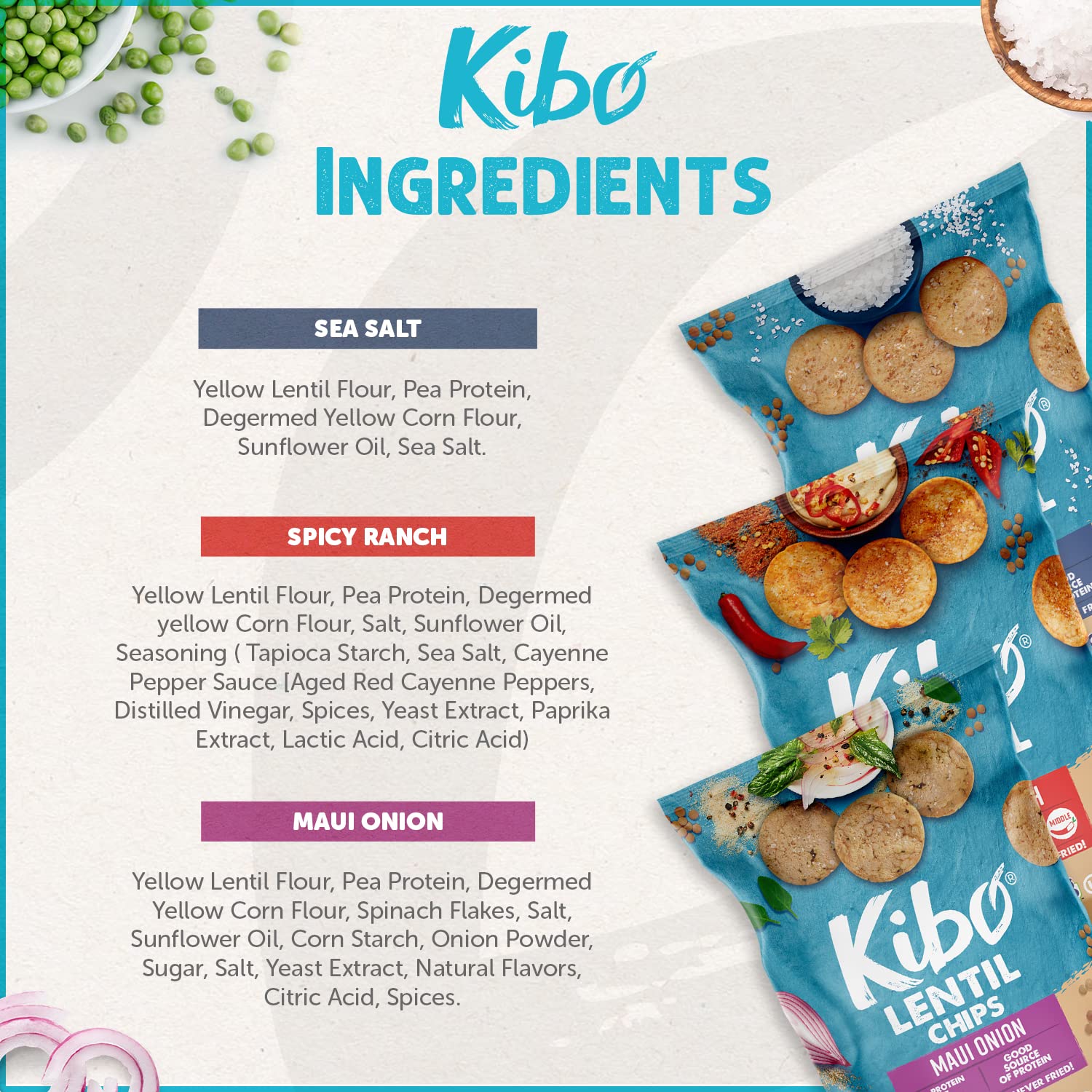 Kibo – Paquete variado de chips de lentejas  Chips veganos sin gluten  Verificado sin OMG  A base de plantas 0.99 oz  Cebolla Maui, sal marina y