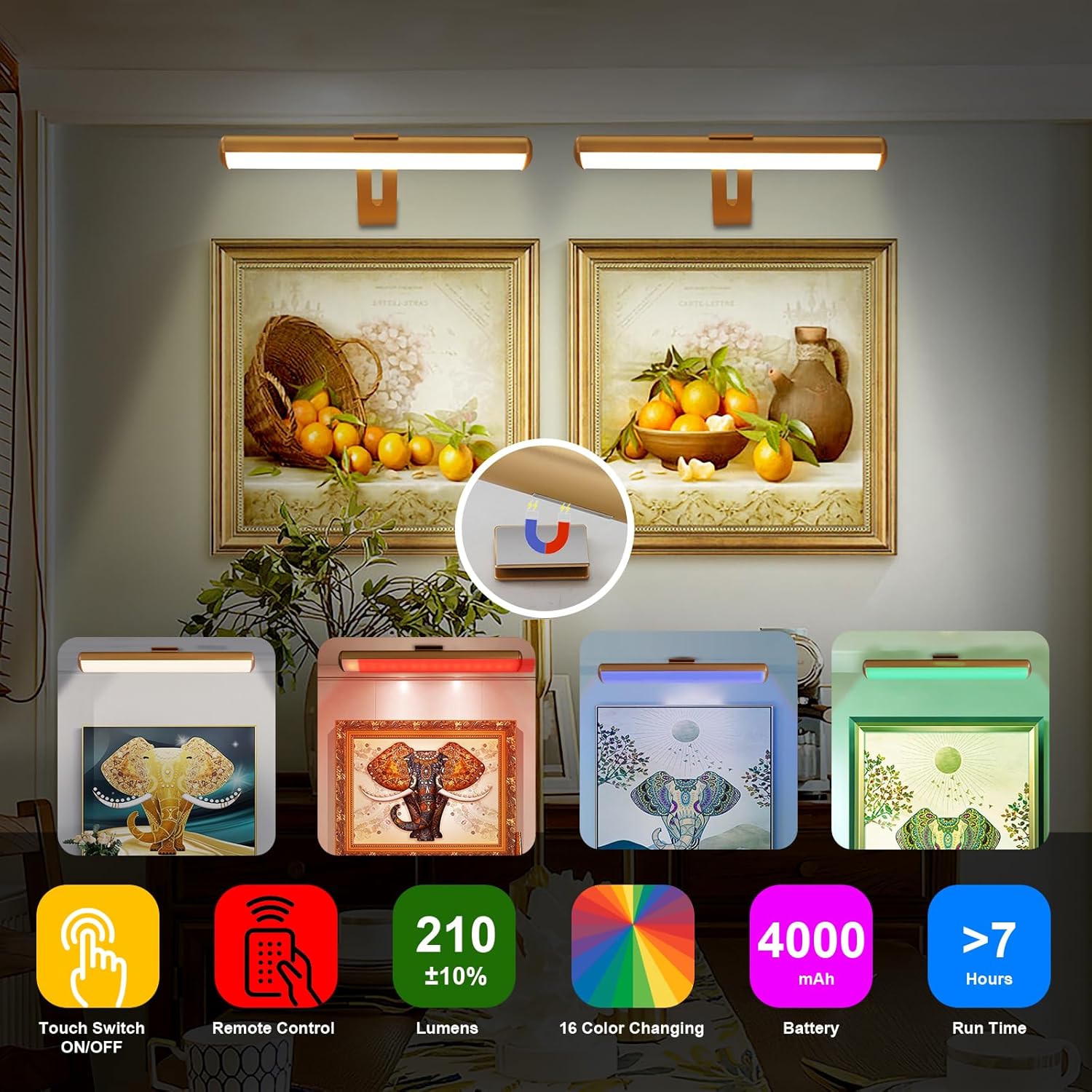 ZOCALOK Luz de imagen funciona con pilas, luces de imagen para pared, luz de imagen inalámbrica con control remoto para pinturas, 48 LED, 16 colores