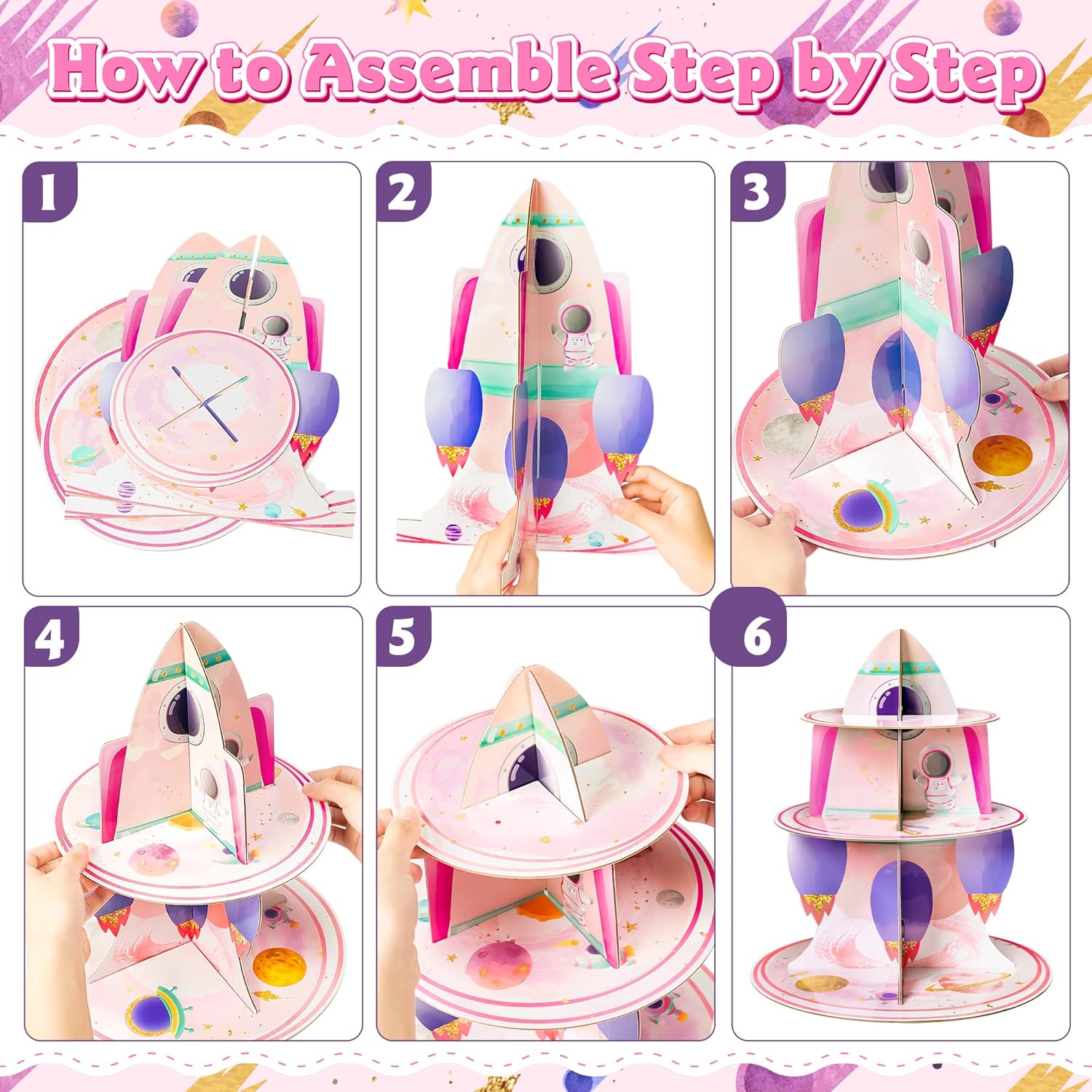 ANGOLIO Soporte para cupcakes de 3 niveles para el espacio exterior, suministros de fiesta para niños, decoración de fiesta de cumpleaños, temática