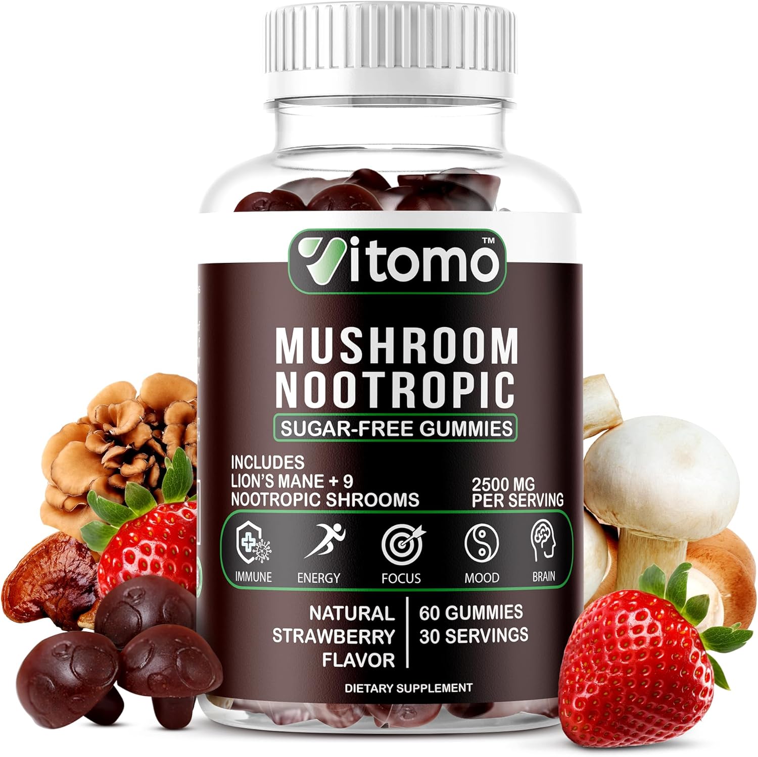 Vitomo – Gomitas de hongos – Gomitas de suplemento de hongos fresa sin azúcar – Mezcla de complejo de 10 hongos – Melena de león, Cordyceps, Reishi,