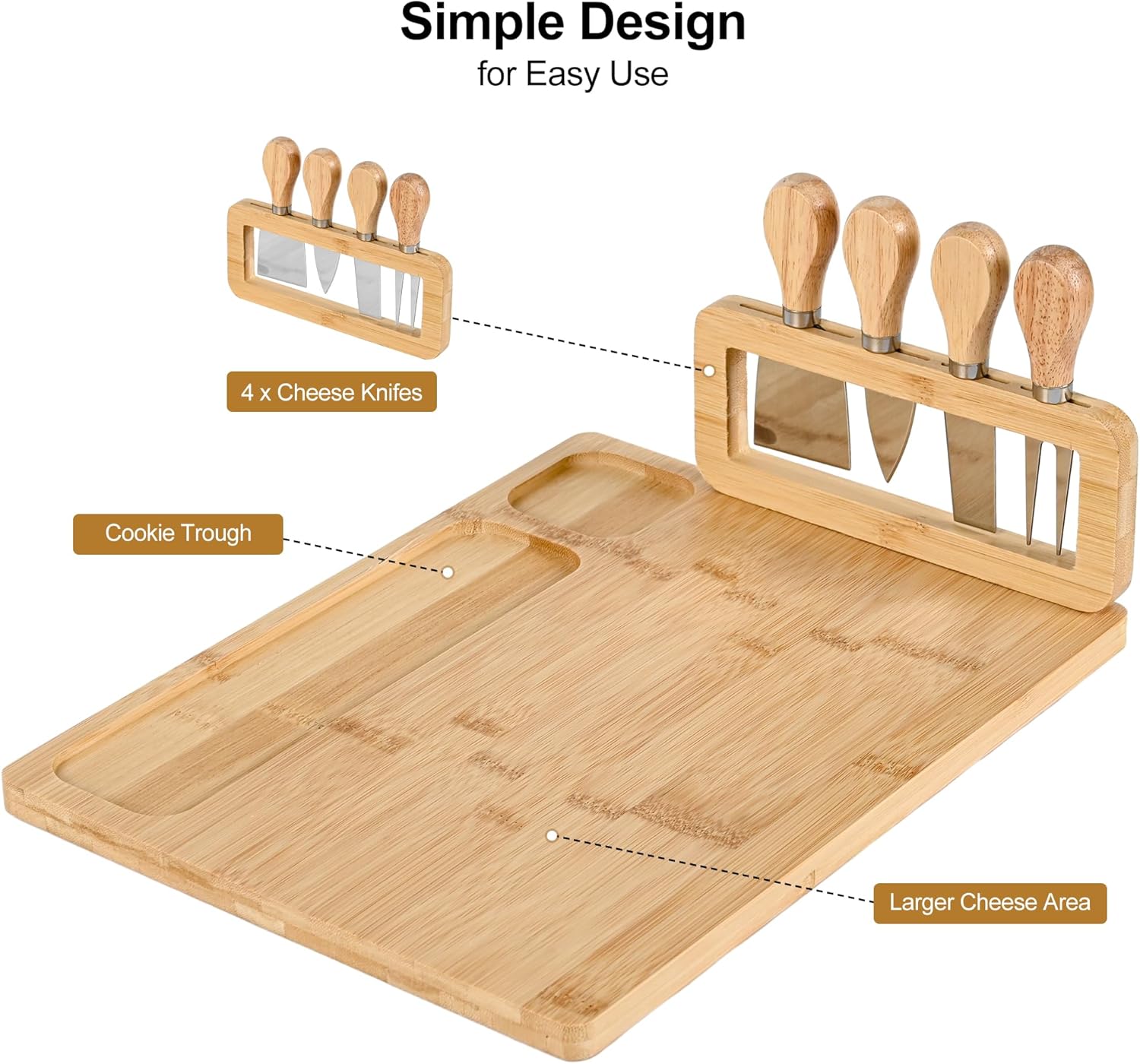 Juego de tabla de queso de bambú y cuchillos, juego de tablas grandes de charcutería de 14 x 11 pulgadas, bandeja de queso con soporte para