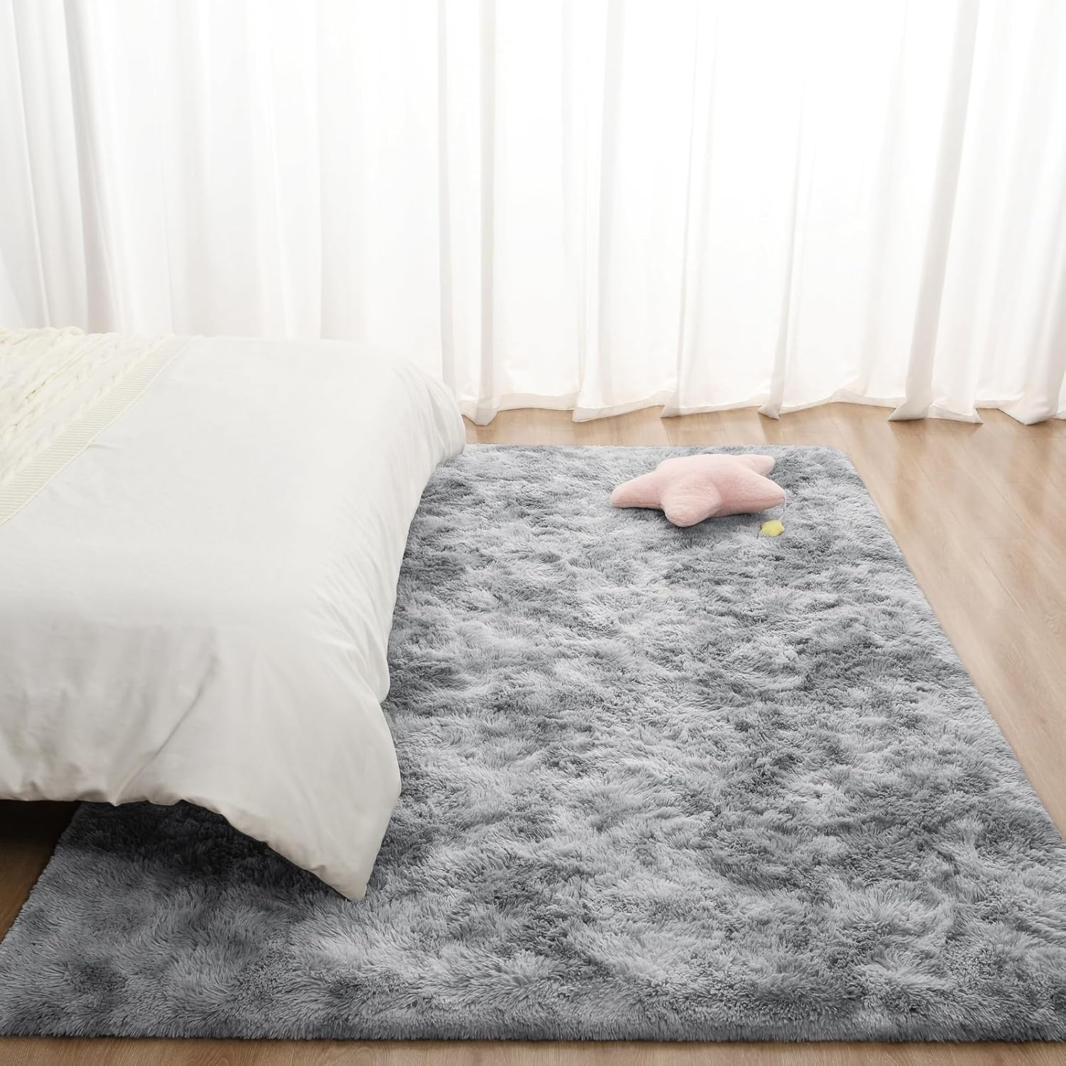 TWINNIS Alfombras grandes de pelo largo de 6 x 9 pulgadas para sala de estar, dormitorio, teñido anudado gris claro, alfombras de felpa súper suaves