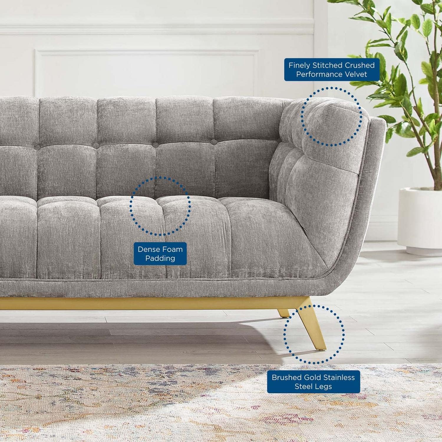 Modway Bestow – Sofá capitoné de terciopelo de rendimiento, gris claro