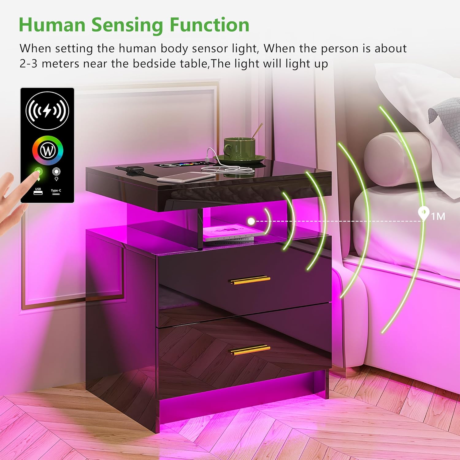 HNEBC Mesita de noche LED, RGB negro con estación de carga USBinalámbrica, moderna mesita de noche con sensor automático de luces RGB, mesa auxiliar