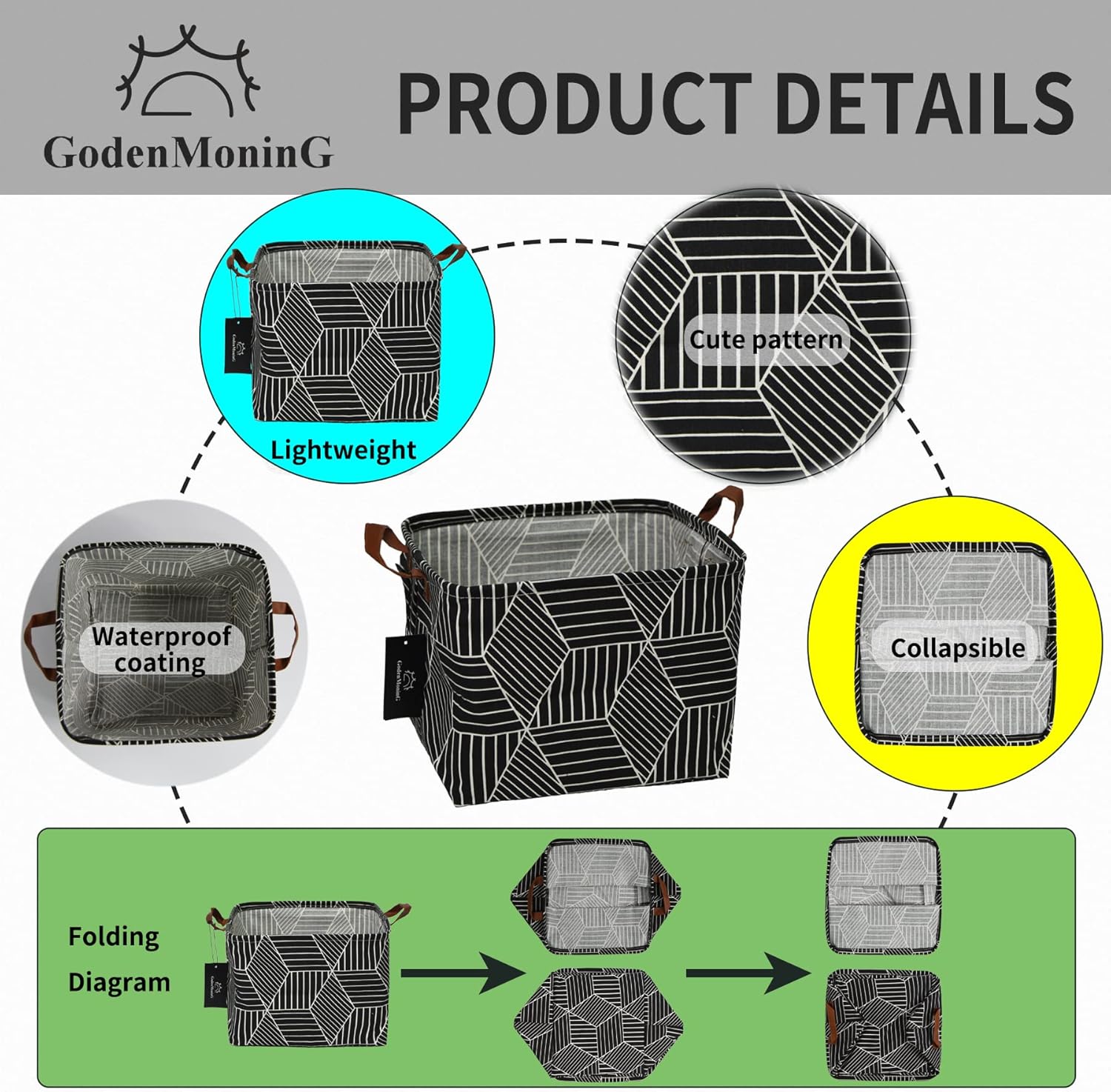 GodenMoninG Cesta de almacenamiento rectangular de lona impermeable de 25 litros con asas, organizador de juguetes plegable, cestas para estantes de
