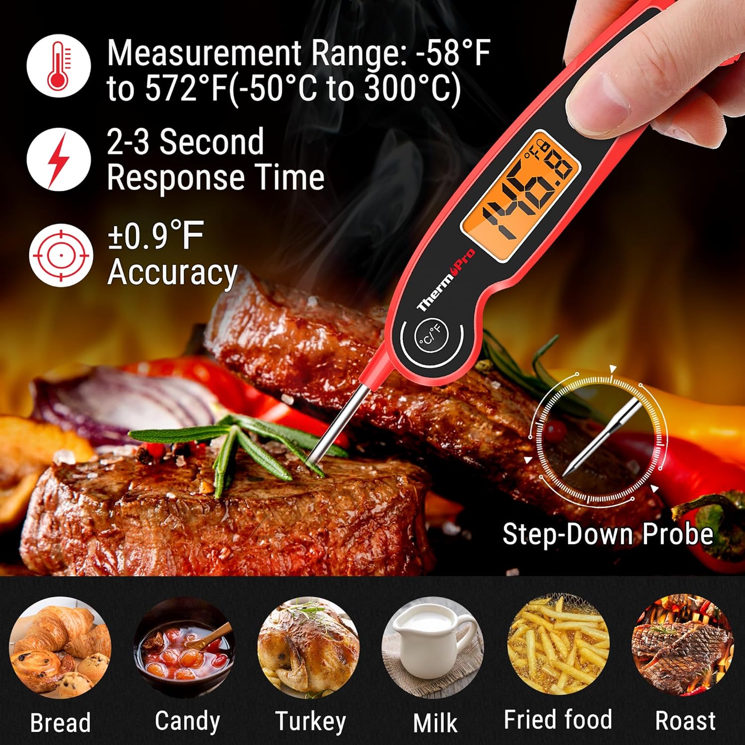 ThermoPro TP605 Termómetro de carne de lectura instantánea para cocinar, termómetro digital impermeable para alimentos con gran pantalla LCD