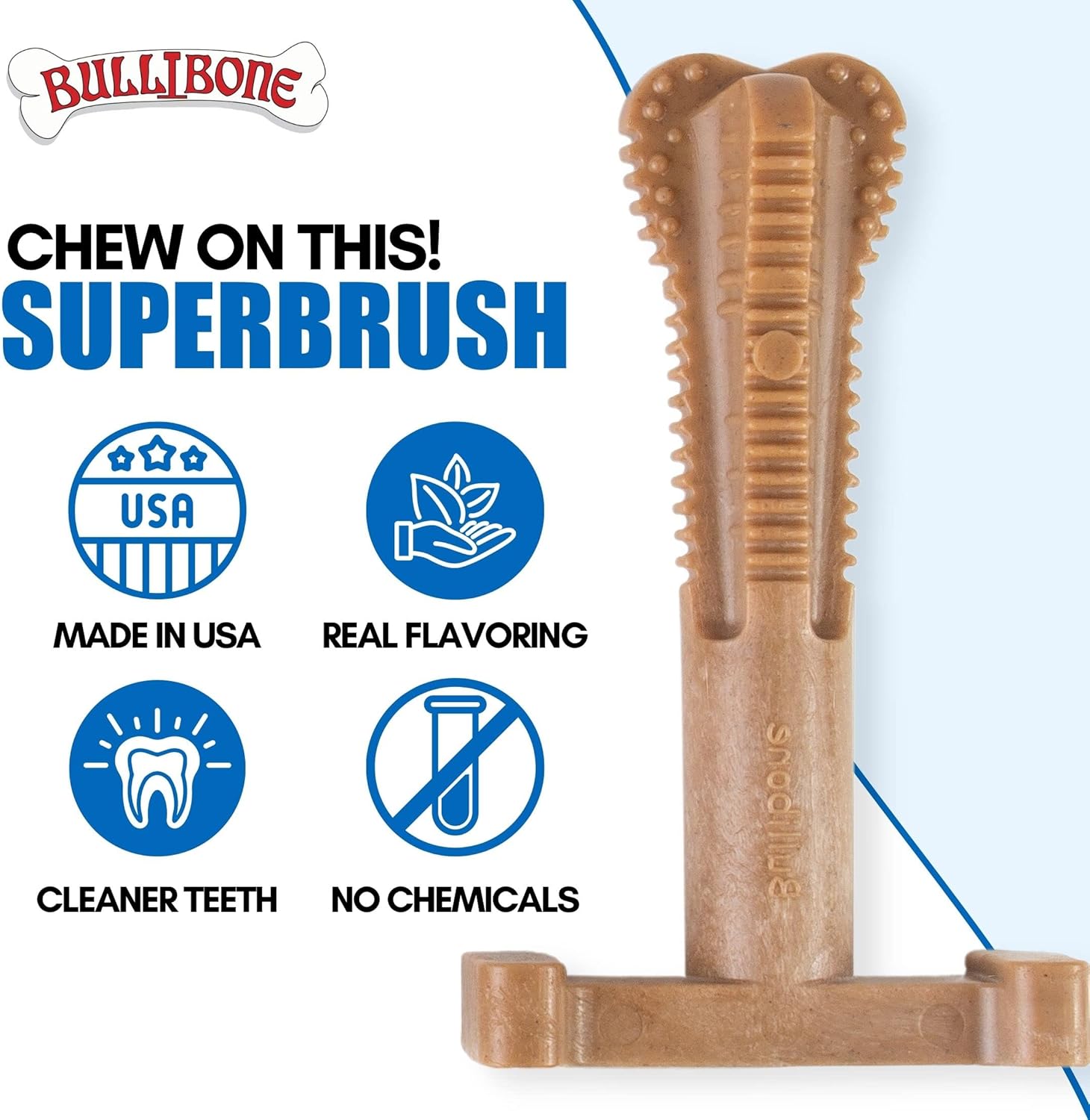Bullibone SuperBrush cepillo de dientes para limpieza de dientes de perro, juguete masticable de nailon de larga duración para cuidado bucal y salud