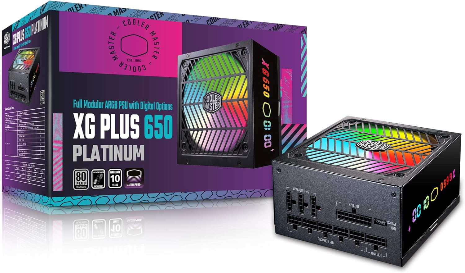 Cooler Master XG650 Plus Platinum ARGB totalmente modular, 650W, panel de visualización de información incorporado, ventilador silencioso ARGB 5.315