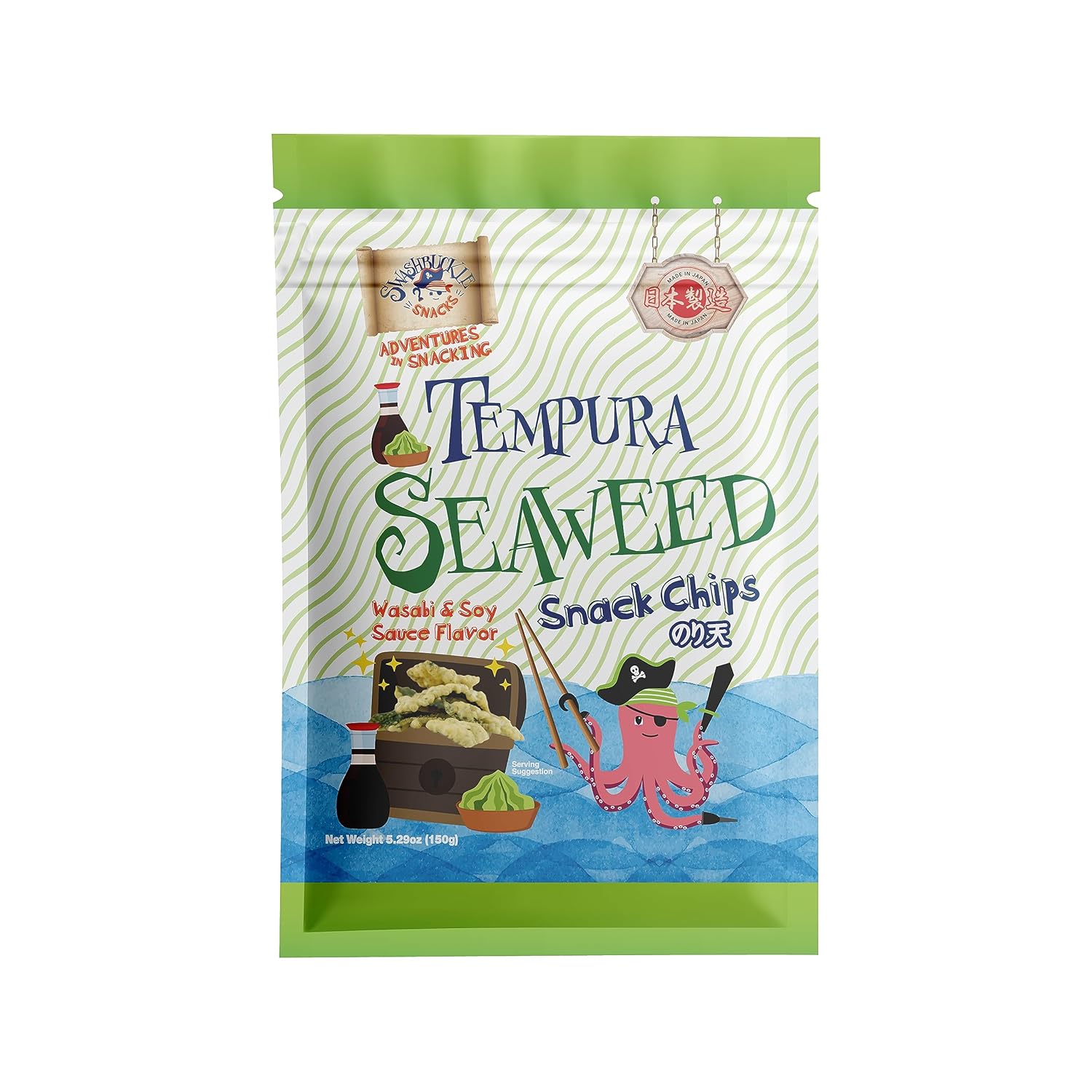 Swashbuckle Snacks Chips crujientes de tempura algas marinas sabor Wasabi y salsa de soja 5.29 oz (150 g), fabricado en Japón, Otsumami