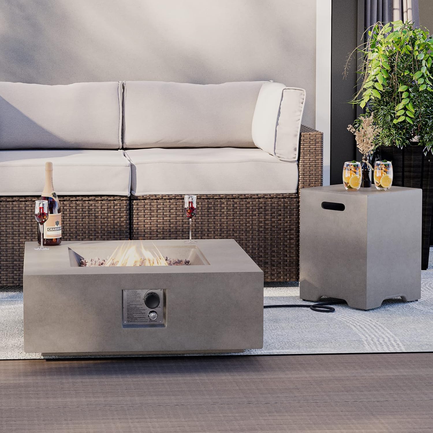 HOMPUS Mesa cuadrada para fogata de propano para exteriores, 35.4 x 12.6 pulgadas, con protector contra el viento, fogata de 50000 BTU con cubierta