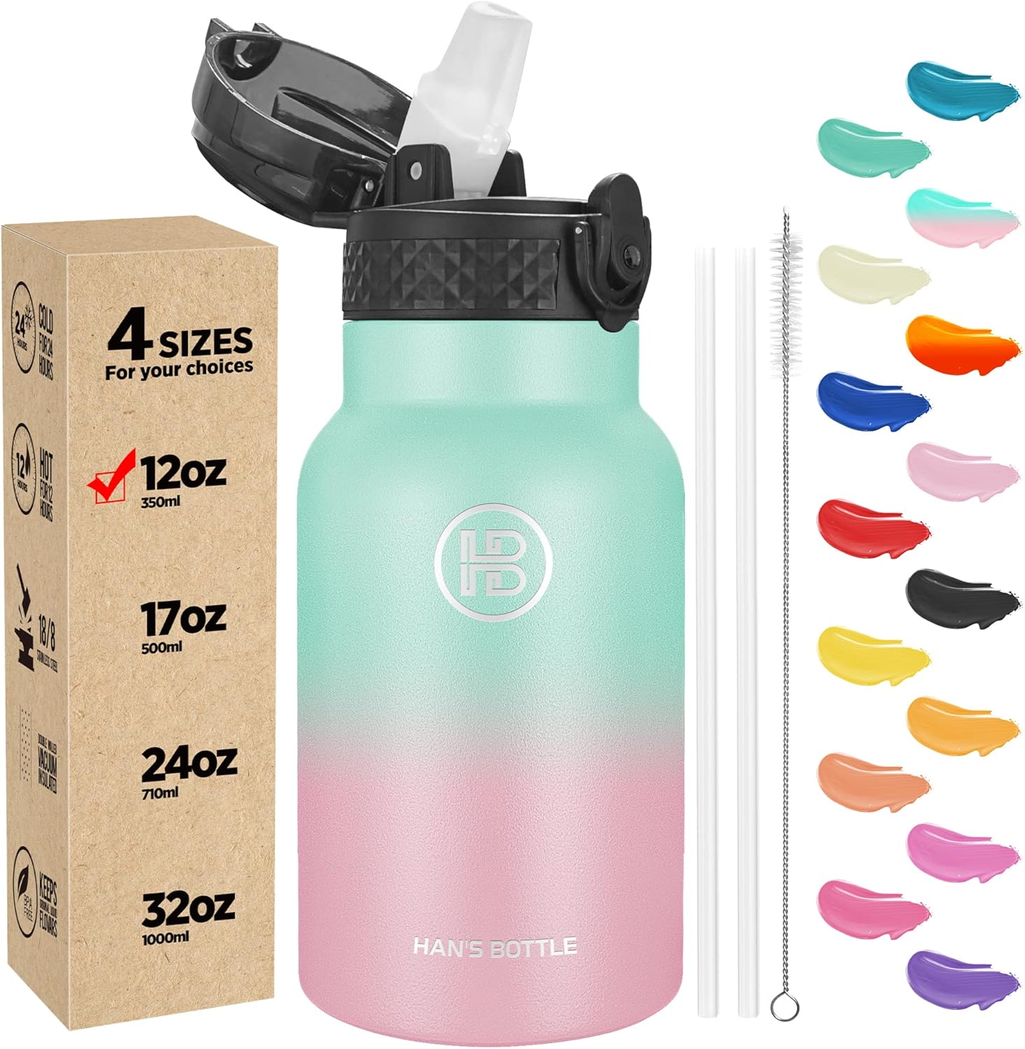 Han’s Bottle Botella de agua para niños con tapa con pajilla, vaso reutilizable de acero inoxidable aislado para niños pequeños, niñas, niños, taza