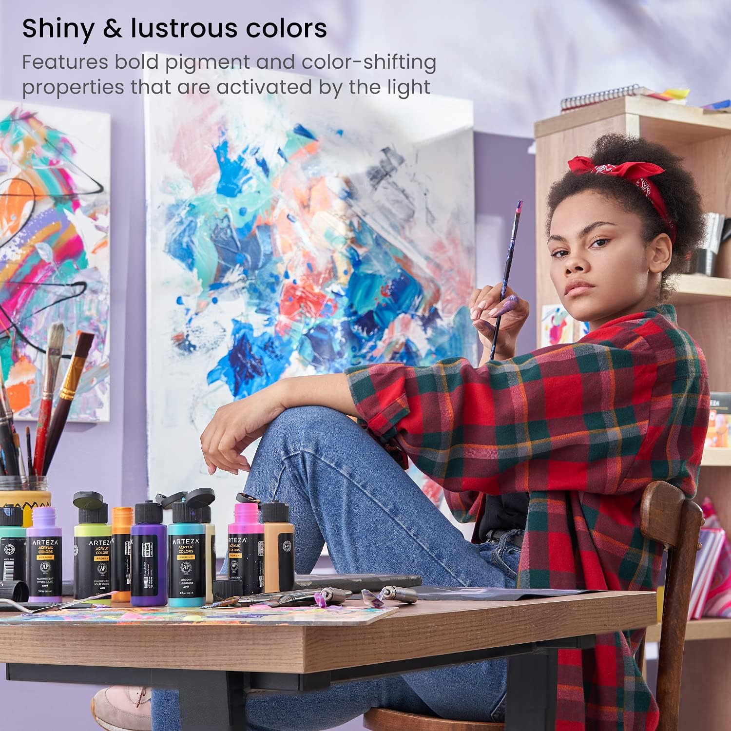 ARTEZA Juego de pintura acrílica metálica iridiscente de 10 colores soñadores, botellas de 2 onzas, pintura a base de agua de alta viscosidad,