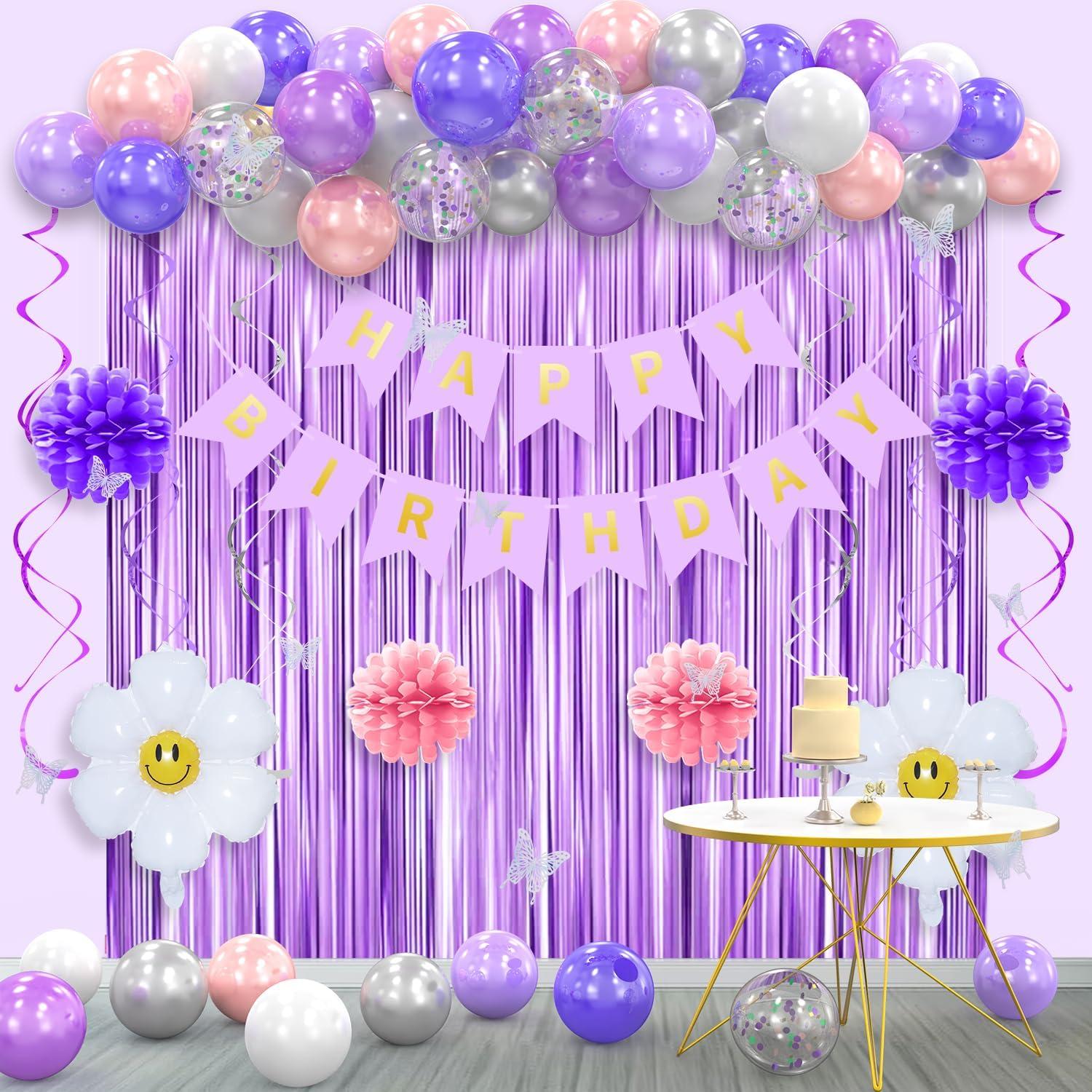 Decoraciones de cumpleaños rosa y morado para niñas, decoraciones de fiesta de feliz cumpleaños para mujeres, cortina de flecos morados, pancarta de