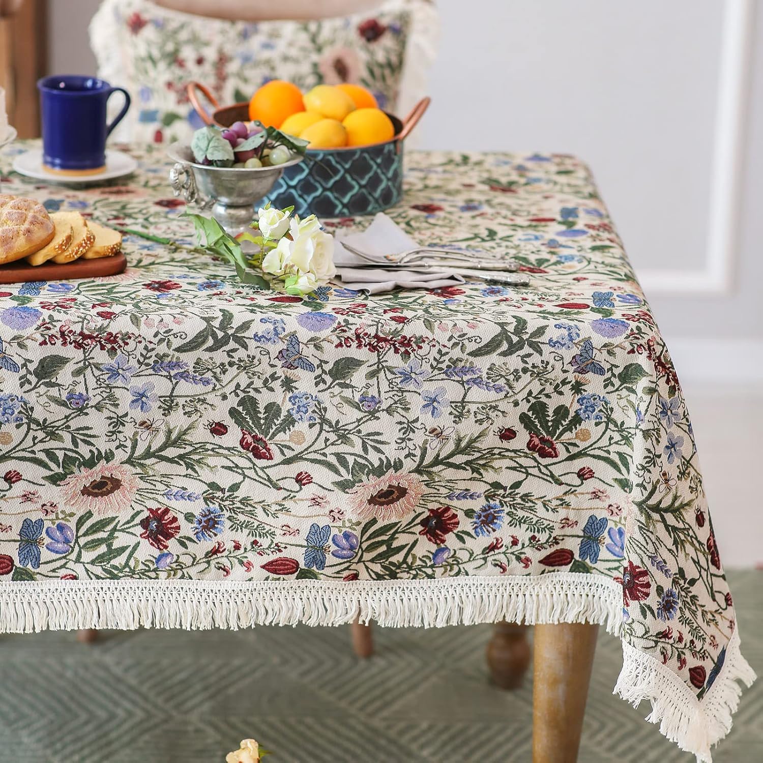SUTAVIA Mantel floral francés hecho a mano de tela de algodón con encaje vintage con patrón de jardín de bayas de mesa, manta multiusos para el
