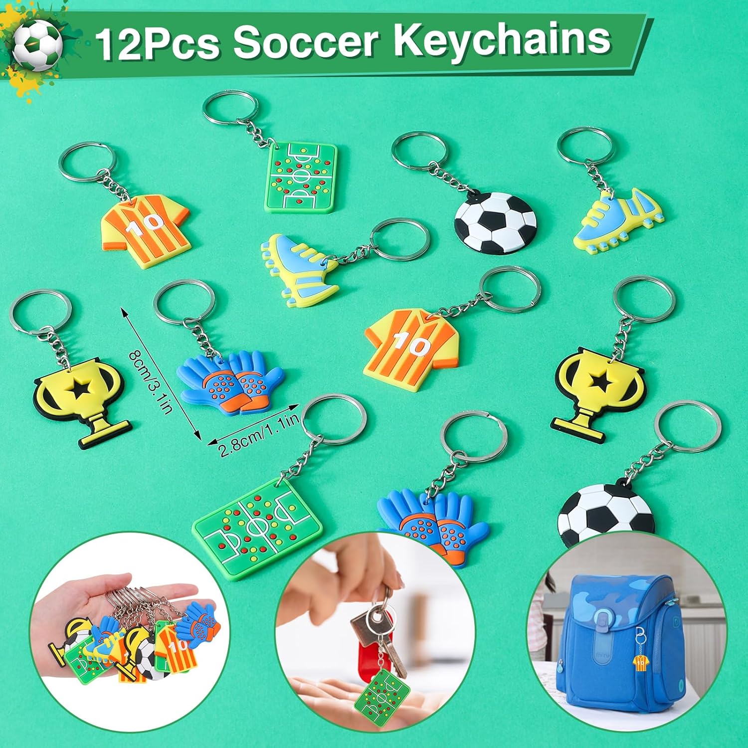 Winrayk Juego de 12 regalos de fiesta de fútbol, suministros de cumpleaños, bolsas con cordón, pulseras de silicona, llavero, calcomanías de