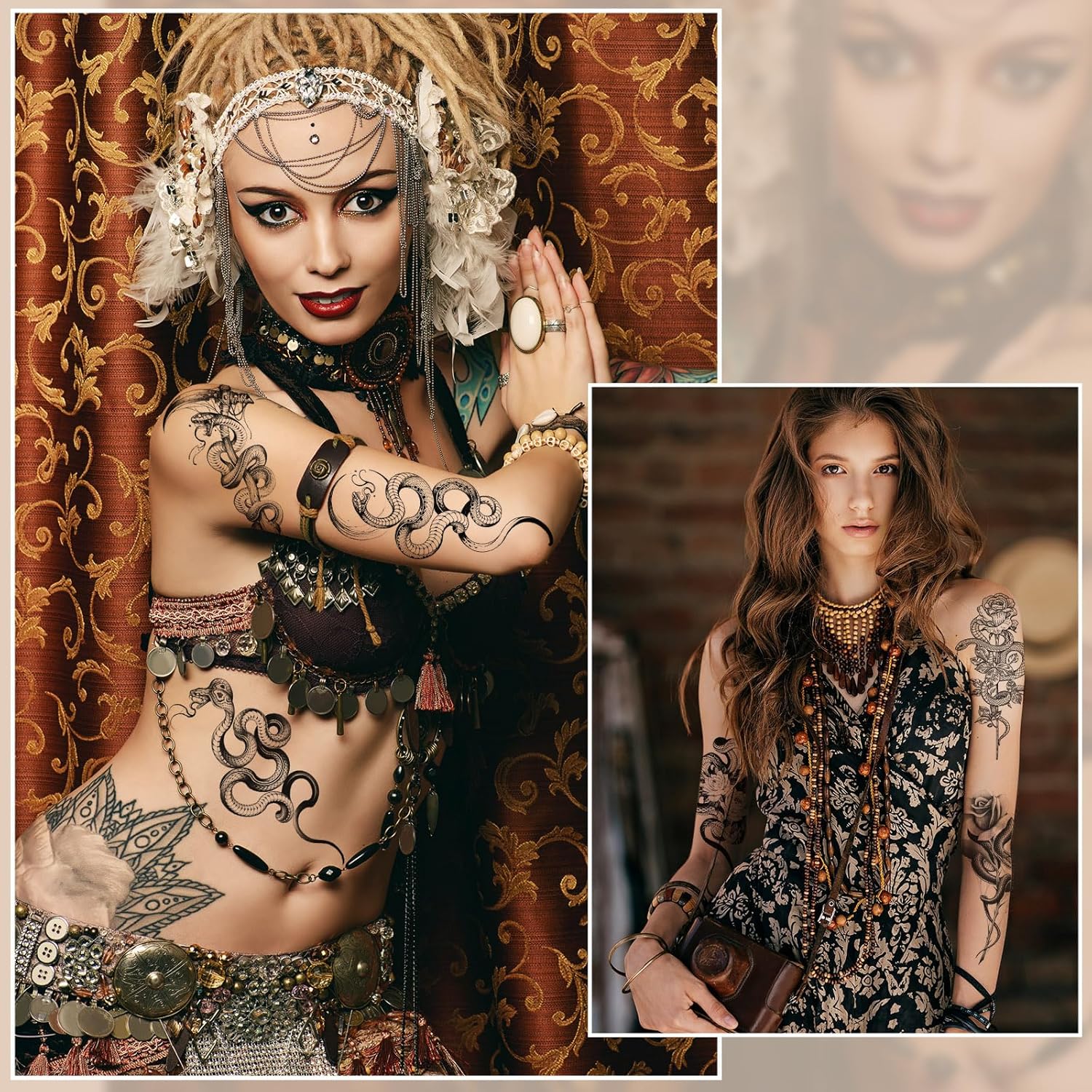Demissle 50 hojas de tatuajes temporales realistas de serpiente negra en 3D, espadas florales, tatuajes de serpientes falsas, tatuajes de serpiente