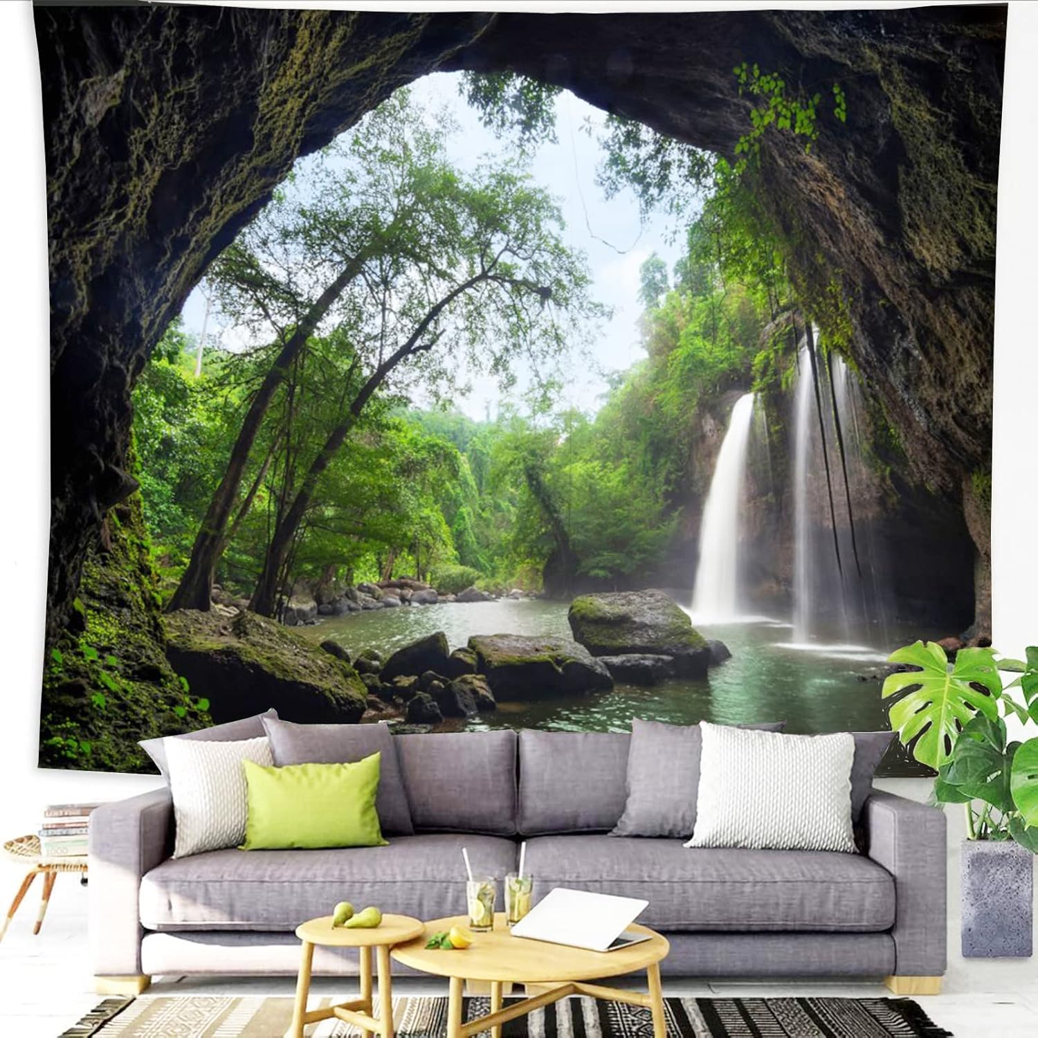 Showutheworld Tapiz verde de paisaje natural, tapiz de selva tropical, tapices de cascada, río, puente de madera, tapiz colgante de pared para sala