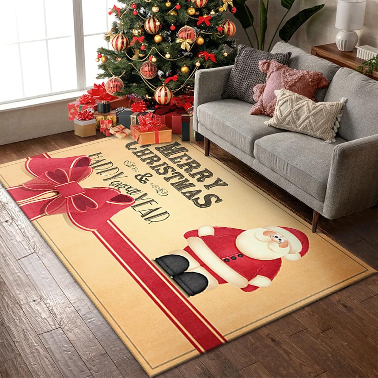 Alfombra de Navidad con lazo rojo de Papá Noel, alfombra de Navidad para sala de estar, dormitorio, 79 x 63 pulgadas