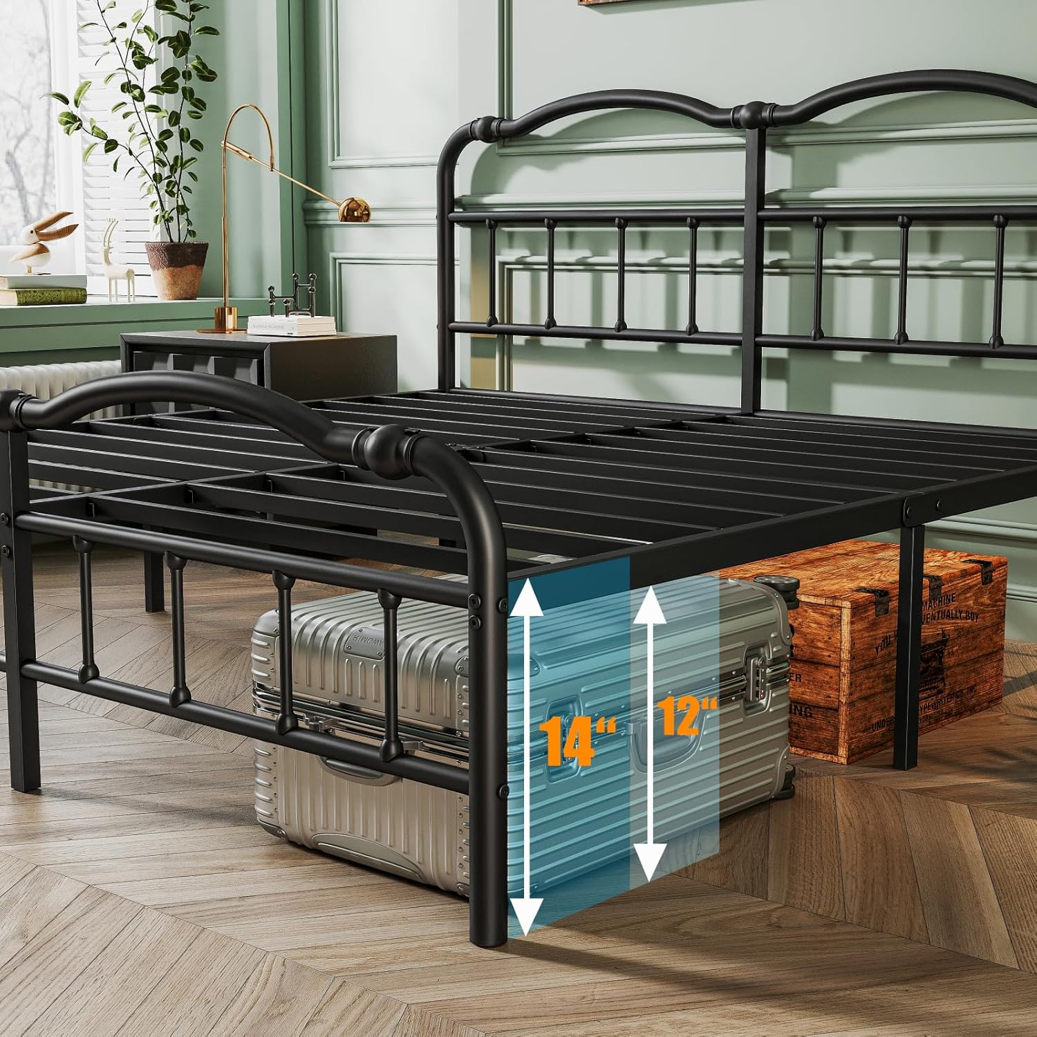 Base de cama individual XL con cabecero y estribo, estilo vintage, listones de acero, capacidad de peso de 14 pulgadas de alto y 2500 libras,