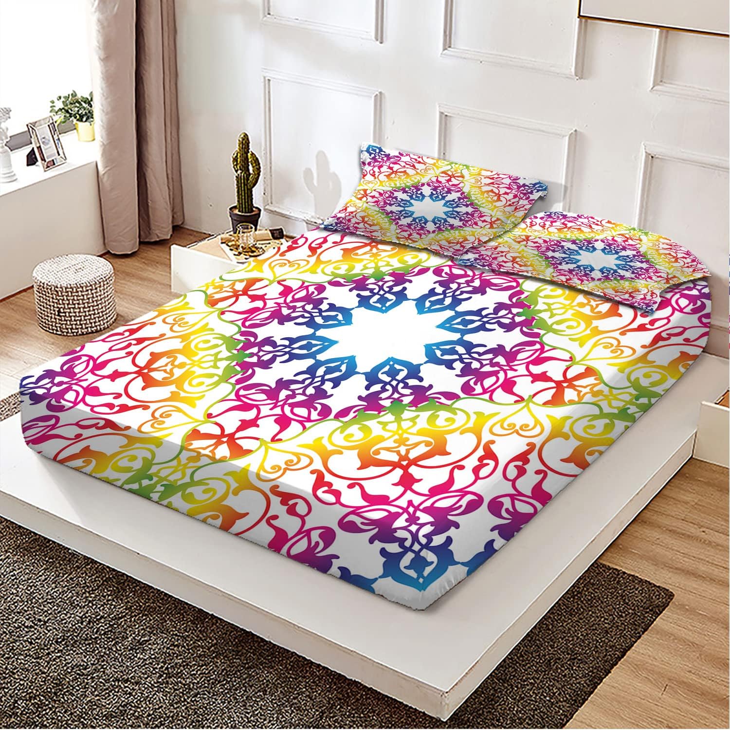 Sábana bajera de 3 piezas con temática retro, diseño abstracto de hiedra con remolinos de encaje, juego de cama decorativo de 3 piezas, bolsillo