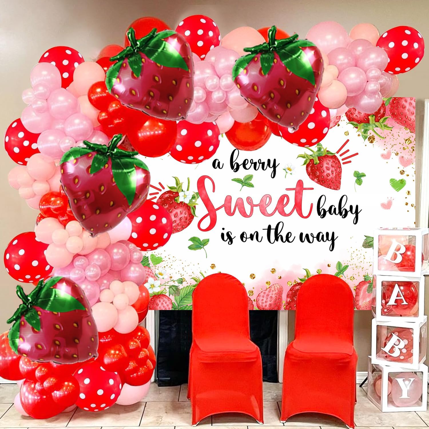 WOLADA Telón de fondo para baby shower de fresa de 8 x 6 pies, regalo de bebé de fresa, telón de fondo de foto de fiesta de fiesta A Berry Sweet