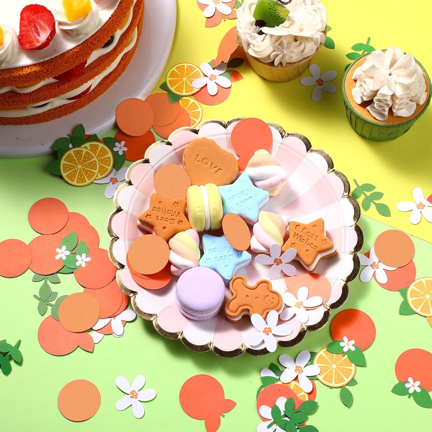 Capoda 300 piezas de confeti Little Cutie Baby Shower, confeti cítrico, blanco, verde, naranja, confeti de eucalipto mandarina, confeti disperso