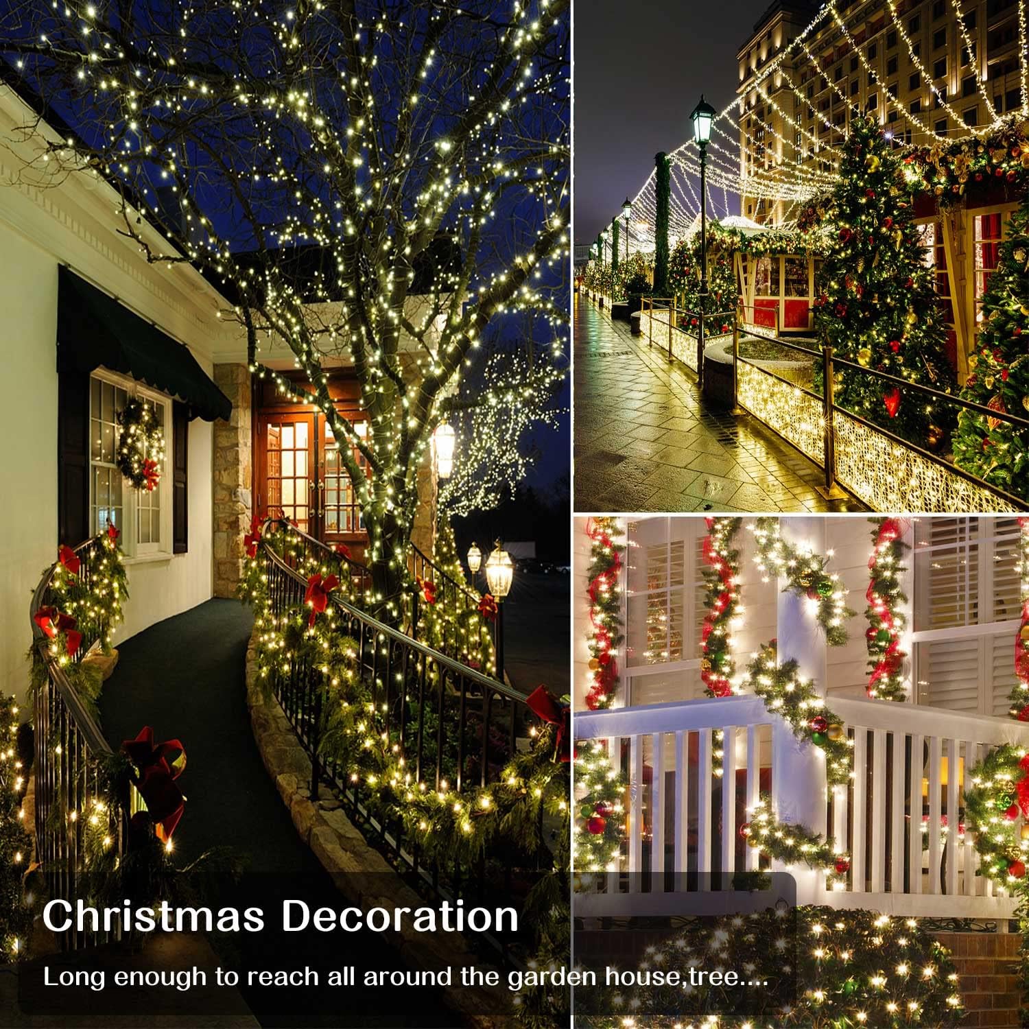 Luces de Navidad para exteriores, 800 luces LED de 330 pies, color blanco cálido, 8 modos de enchufe, decoración impermeable, luces parpadeantes