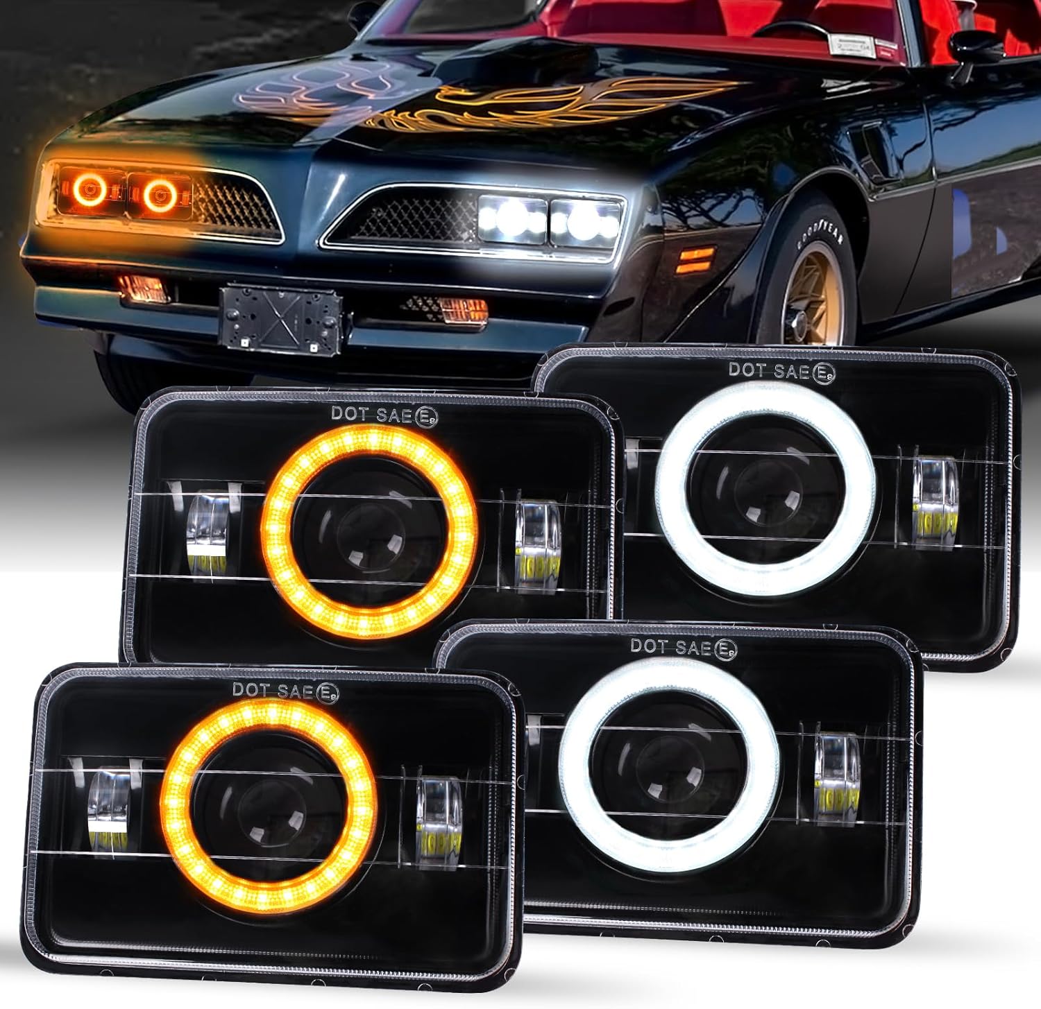 4X6 Led Headlights DOT Approved With 6500K High Low Beam High Brightness White DRL Amber Turn Signal Light Compatible for H4651 H4656 Peterbilt 379