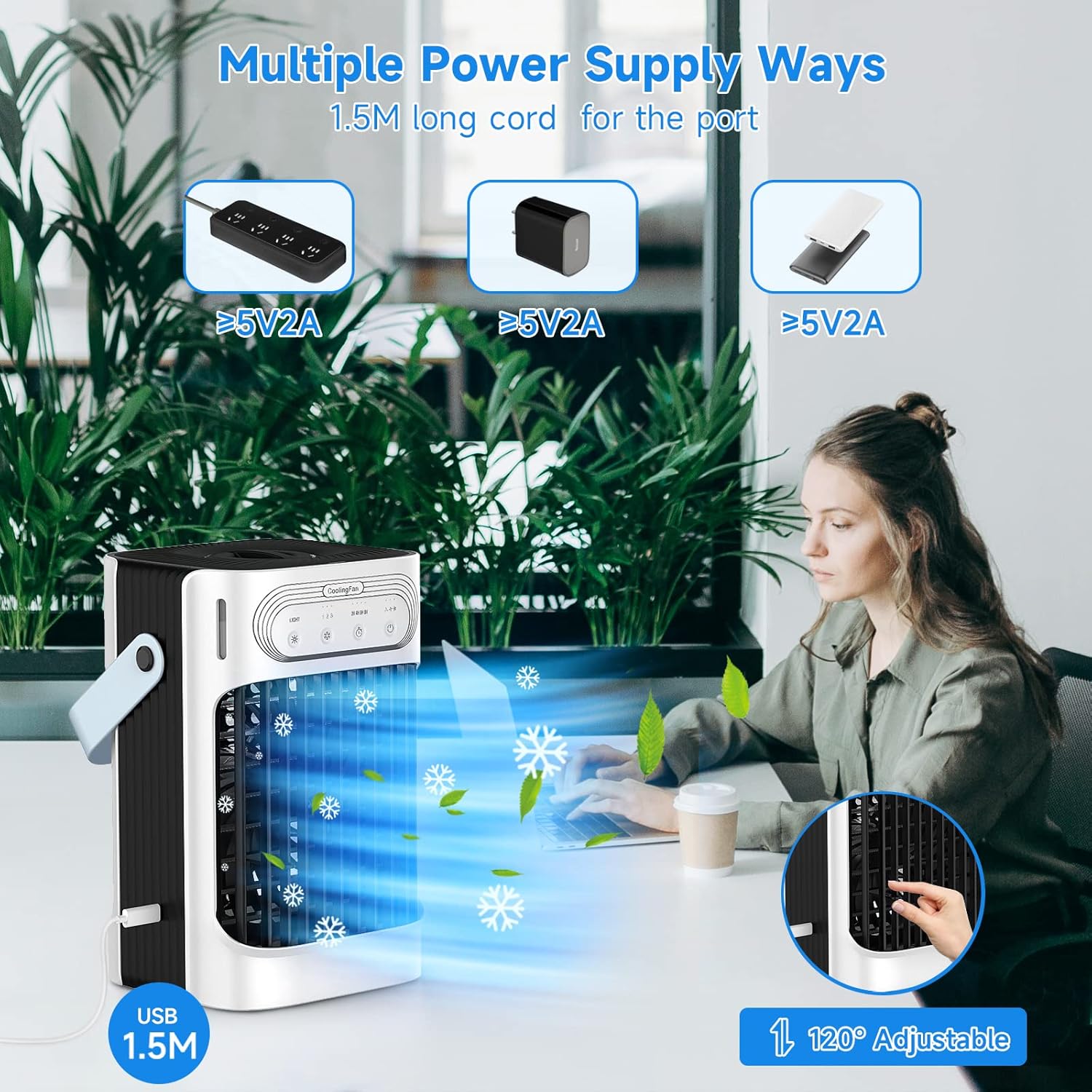 Aire acondicionado portátil, enfriador de aire evaporativo TIOKVIOP 10 W mejorado y 3 niebla fría 3 en 1, 3 velocidades de viento y 7 luces LED, 3