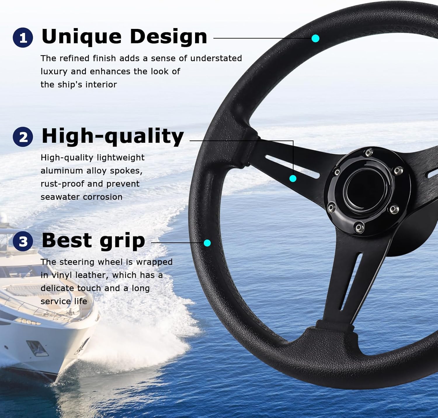 Volante de barco de 13.6 pulgadas con eje cónico de 34 pulgadas, volante de cuero de vinilo antideslizante para Seastar y Verad, etc. para barcos