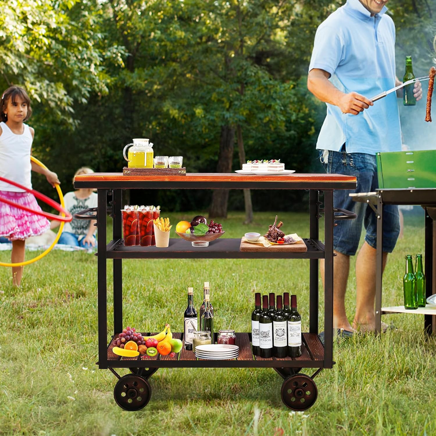 Carrito de bar industrial, carrito de servicio con ruedas y asa, carrito de metal para bebidas de 3 niveles con bandeja extraíble y estantes de